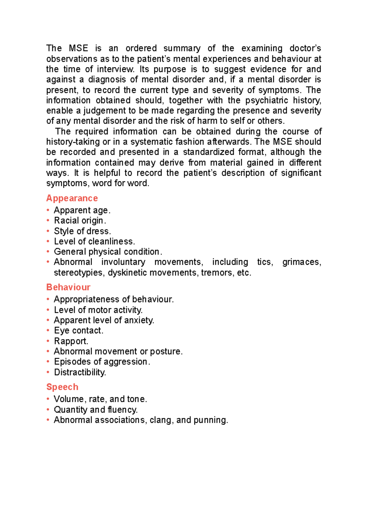 MSE - Standardized Format for Mental State Examination - Studocu
