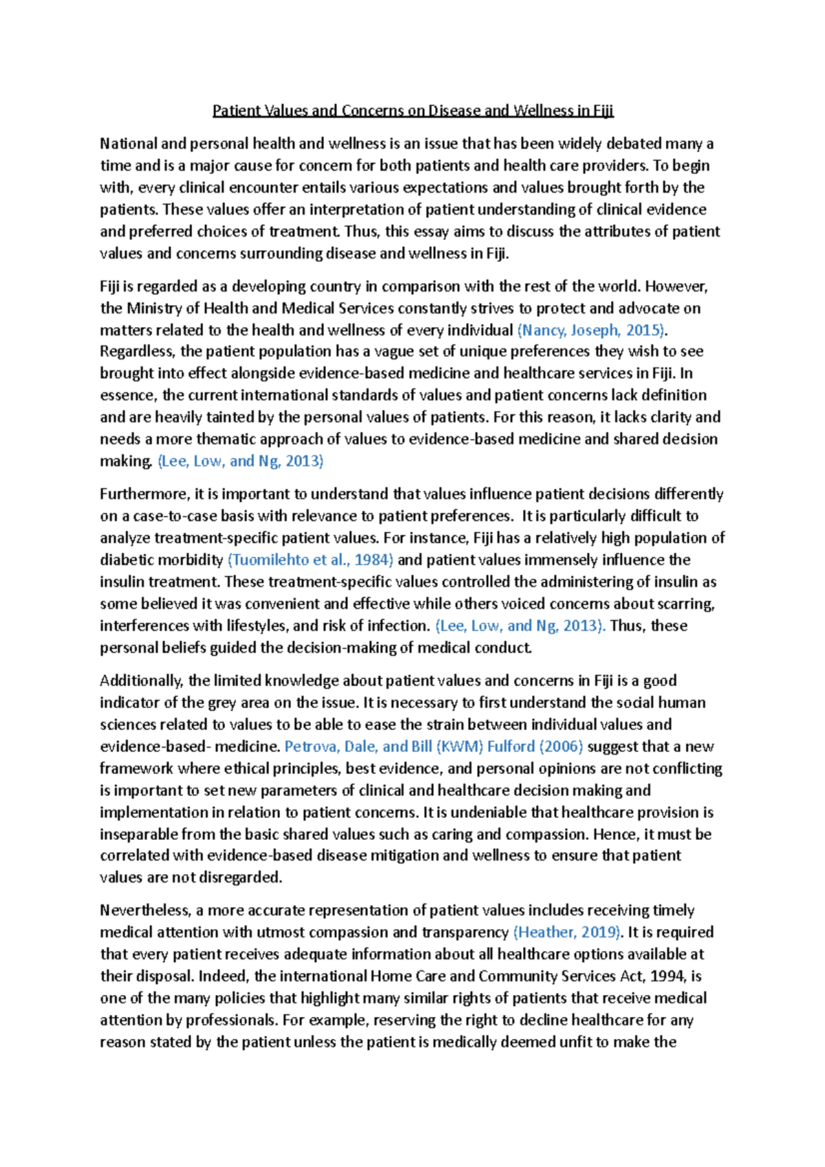 Patient Values and Concerns on Disease and Wellness in Fiji - To begin ...