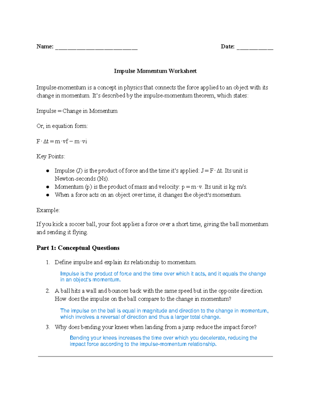 Impulse Momentum Theorem Worksheet