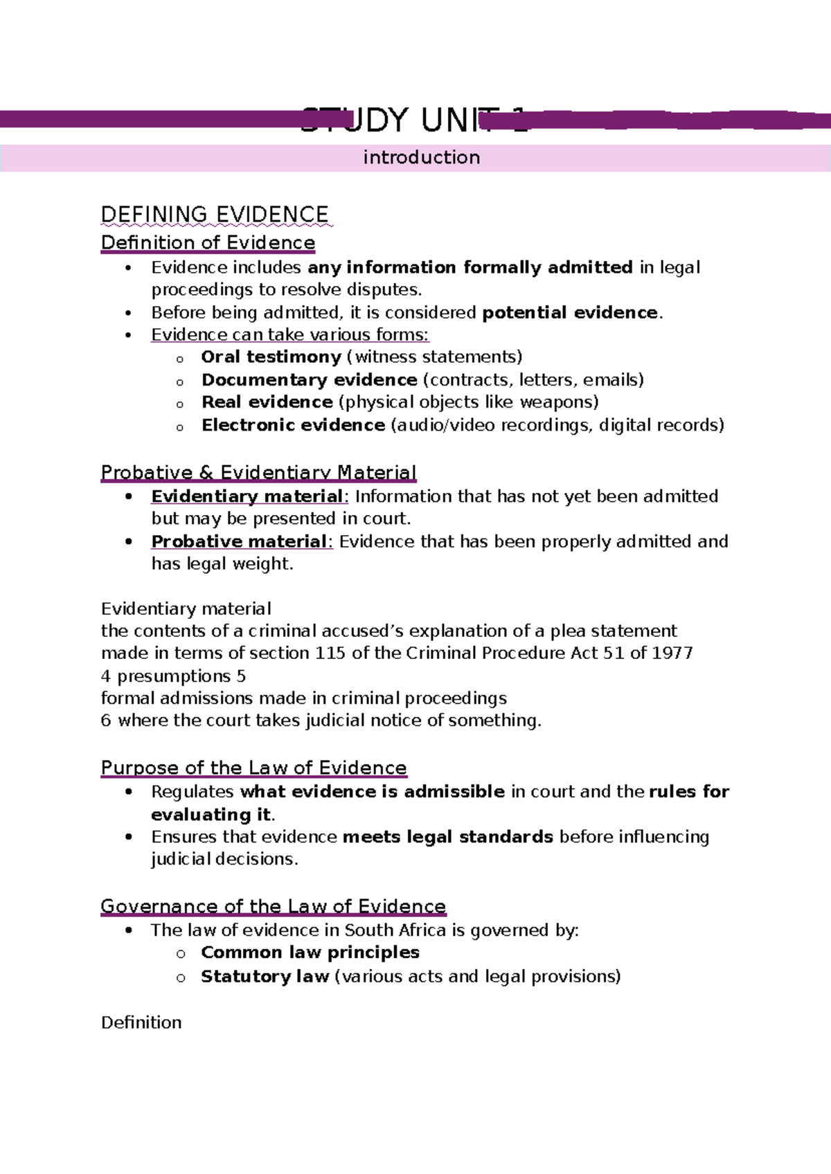 Study Unit 1: Defining Evidence in South African Law - Studocu