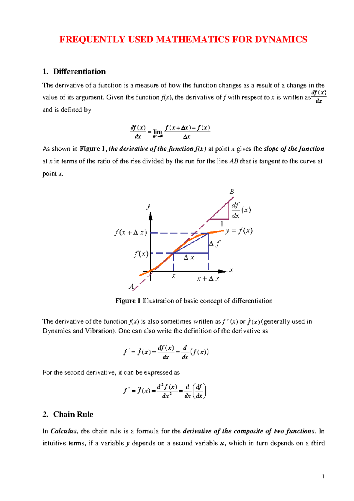 Mathematics for Dynamics 1 (241127) - Key Concepts & Formulas - Studocu