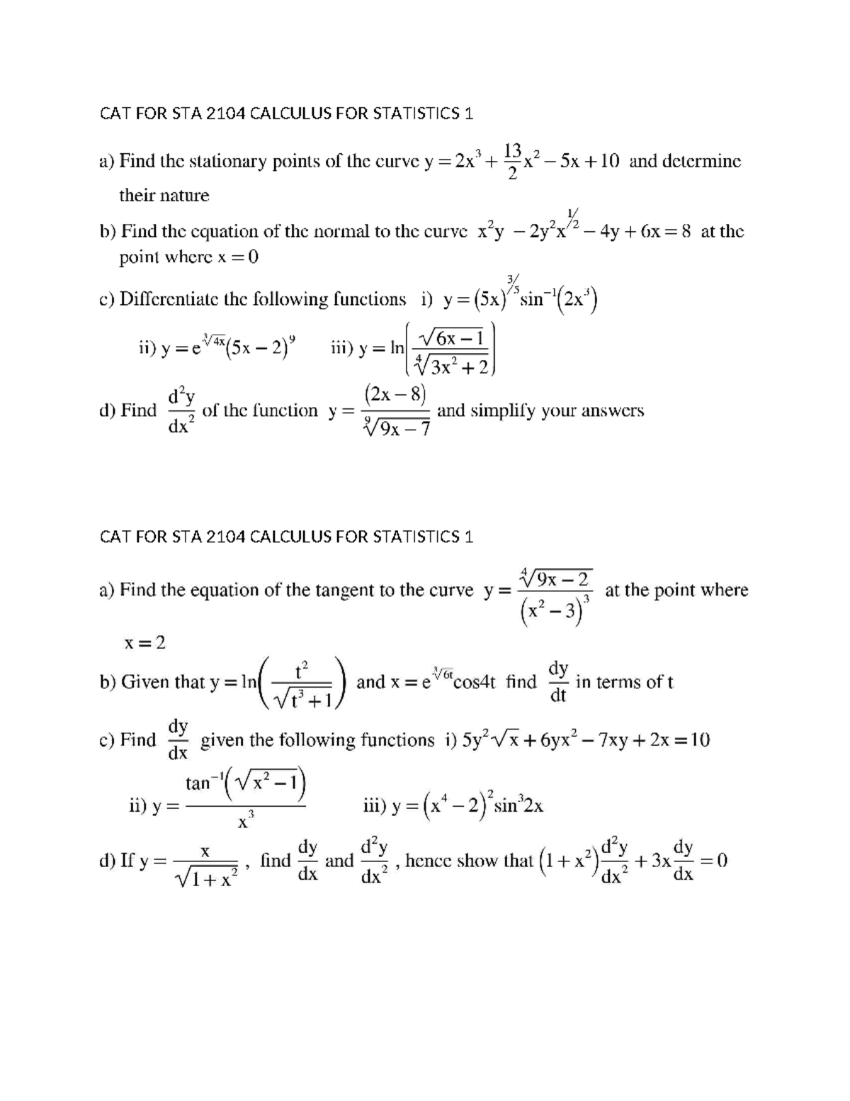 STA 2104 Final Exam Notes: Calculus for Statistics 1 - Studocu