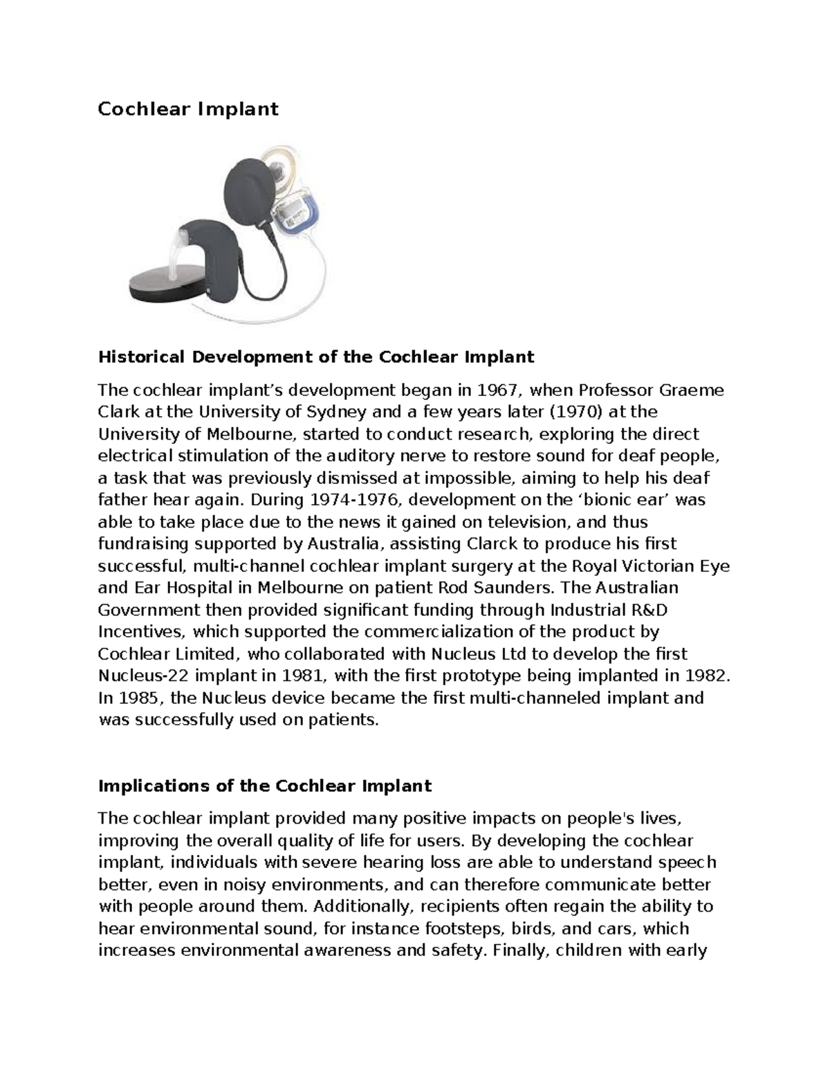 Cochlear Implant Development: A Historical Overview (ENGR 101) - Studocu
