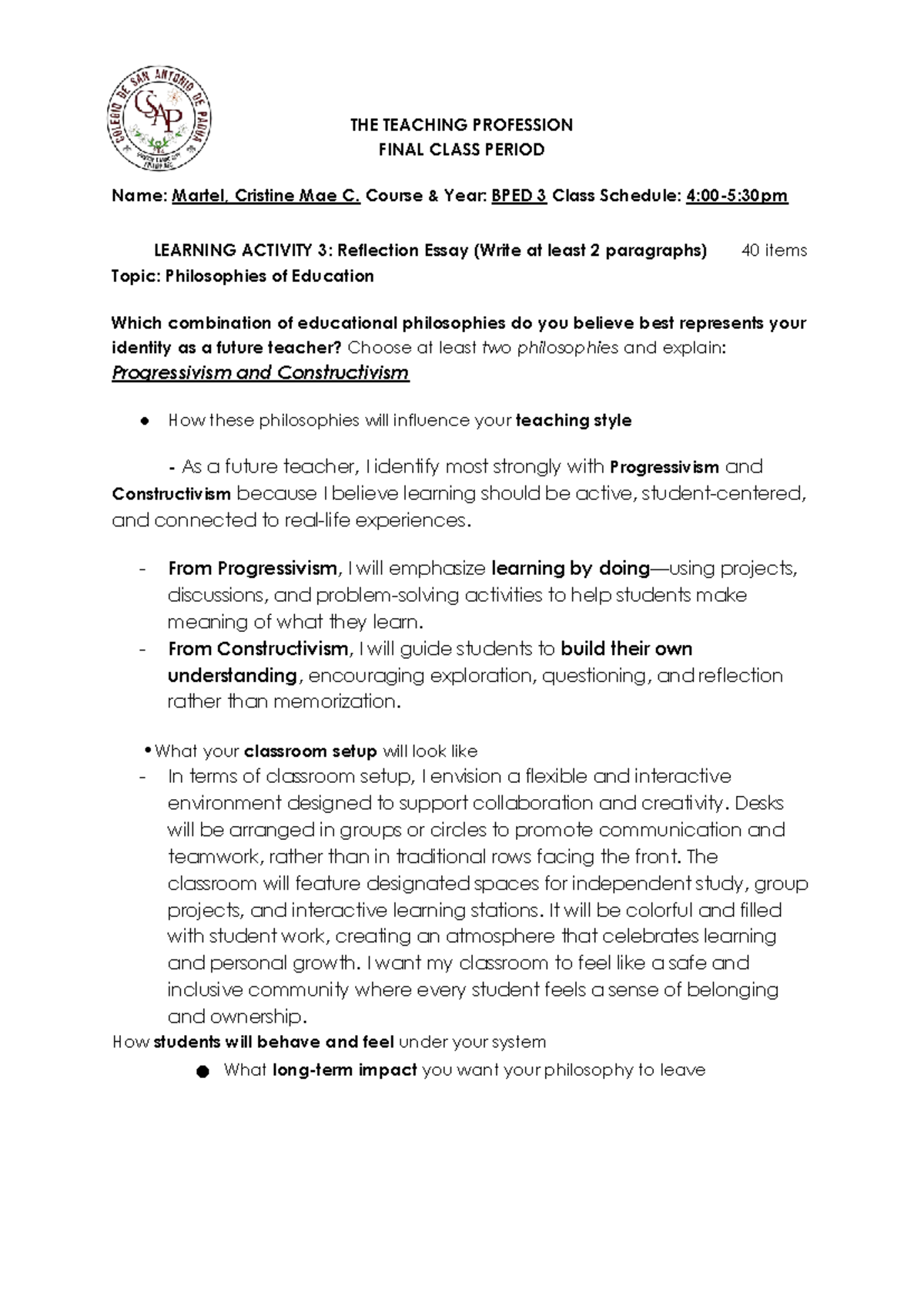 BPED 3 Final Reflection Essay: Philosophies of Education - Studocu