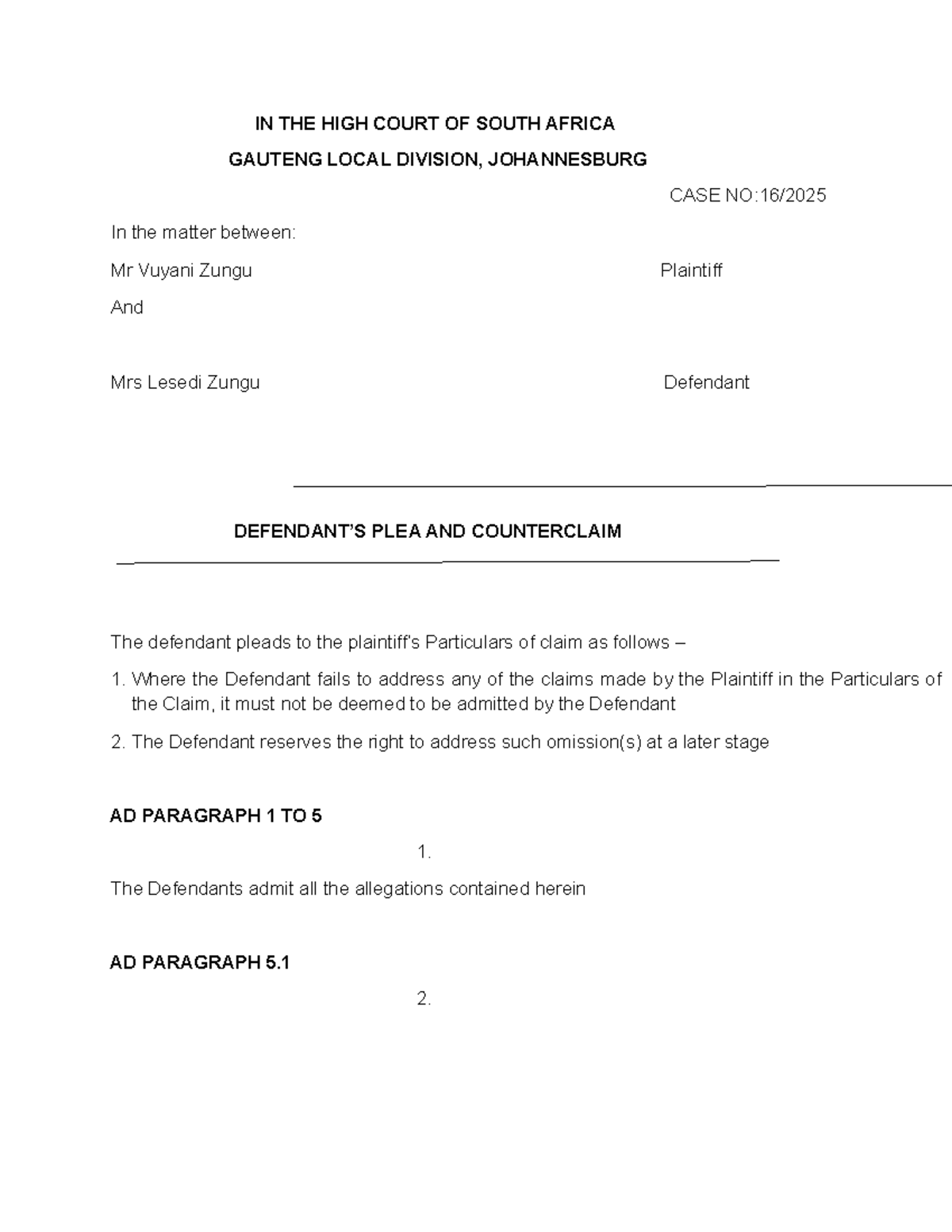 Plea and Counterclaim in Divorce Case: Zungu v Zungu (Case No. 2023 ...