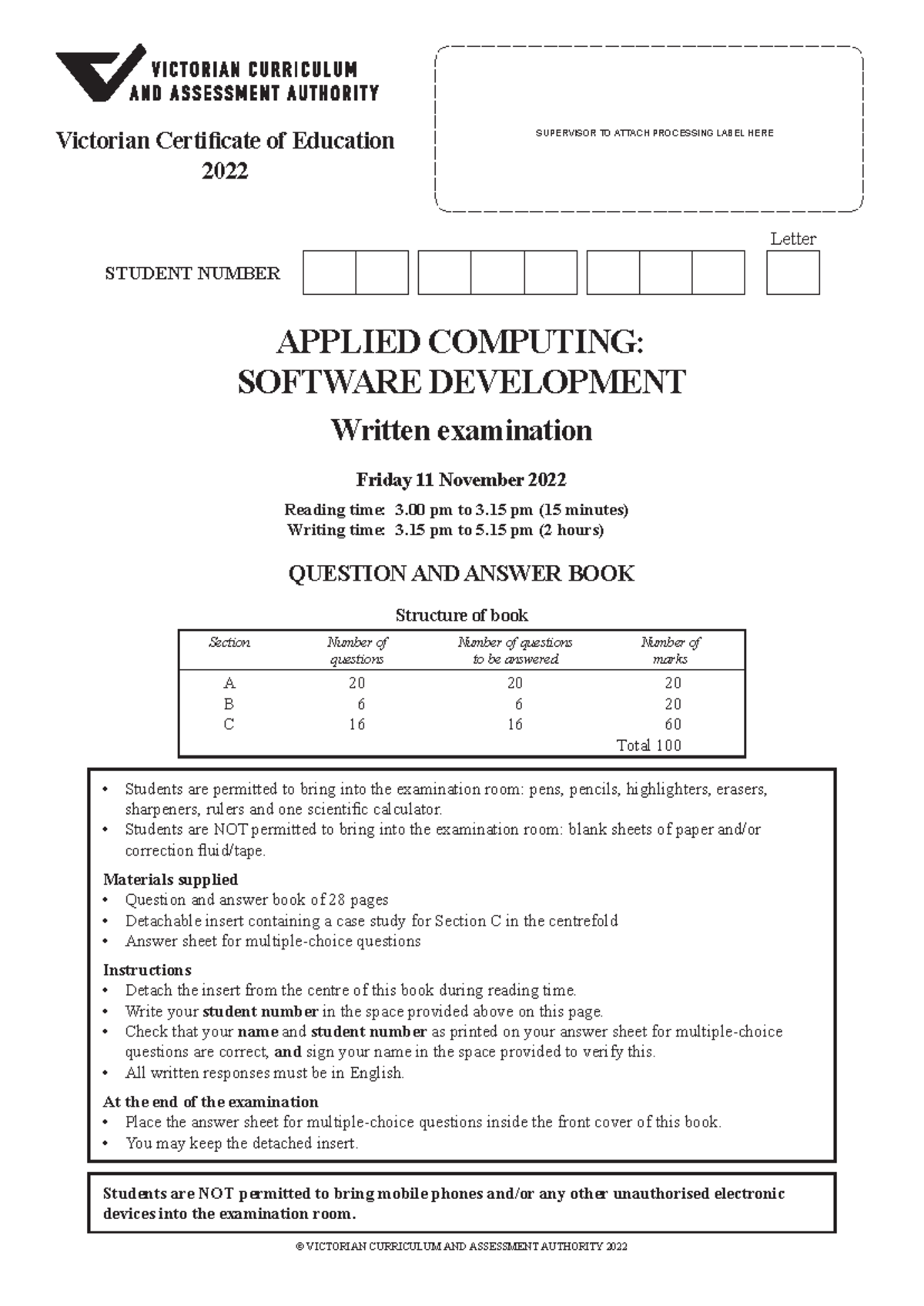 2022AC-SOFTDEV-W - VCE Software Development Exam Paper - Studocu