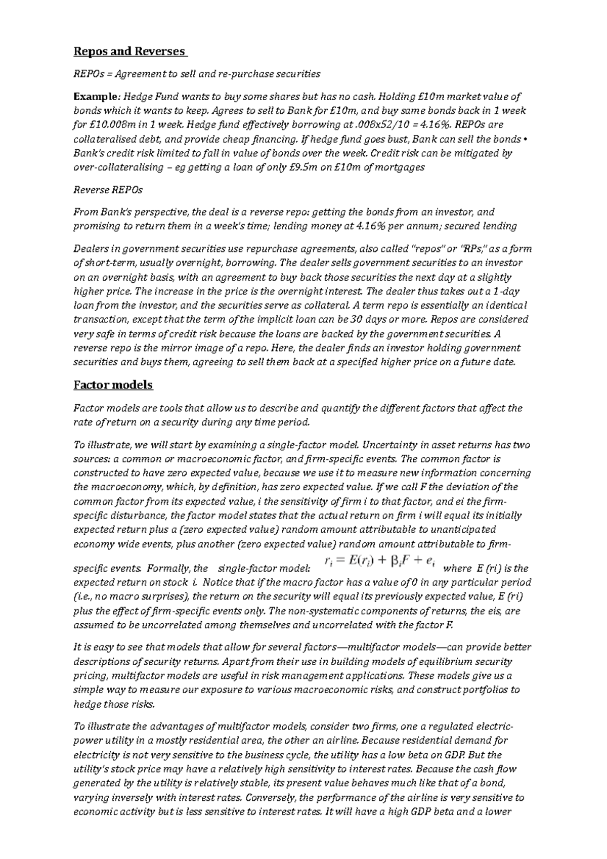 FIN 302 Lecture Notes on REPOs, Factor Models & CAPM Analysis - Studocu