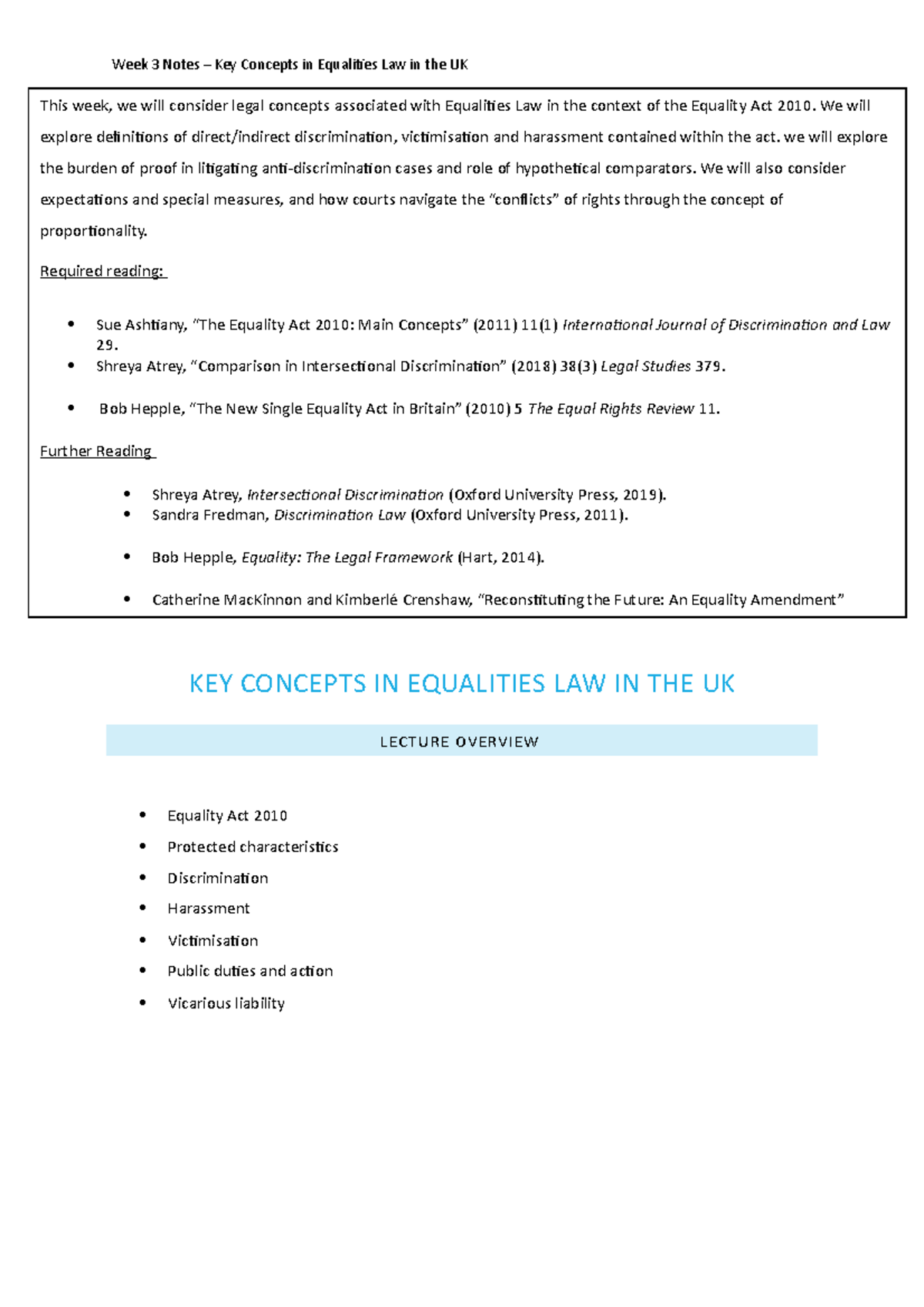Key Concepts in Equality Law (UK) - Lecture Overview and Notes - Studocu