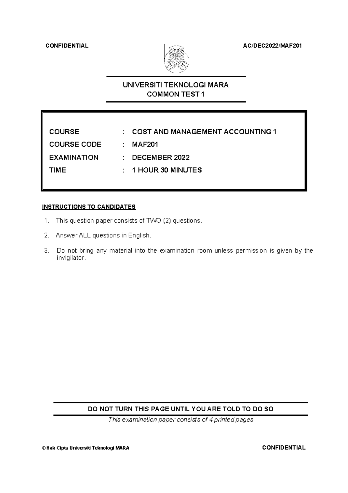 CT MAF201 DEC 2022 Common Test 1: Cost & Management Accounting - Studocu