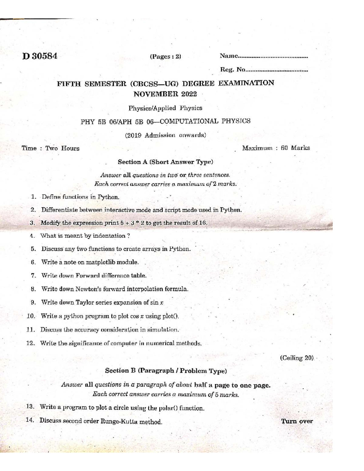 PHY 5B Fifth Semester Degree Exam Nov 2022 - Physics Question Paper ...