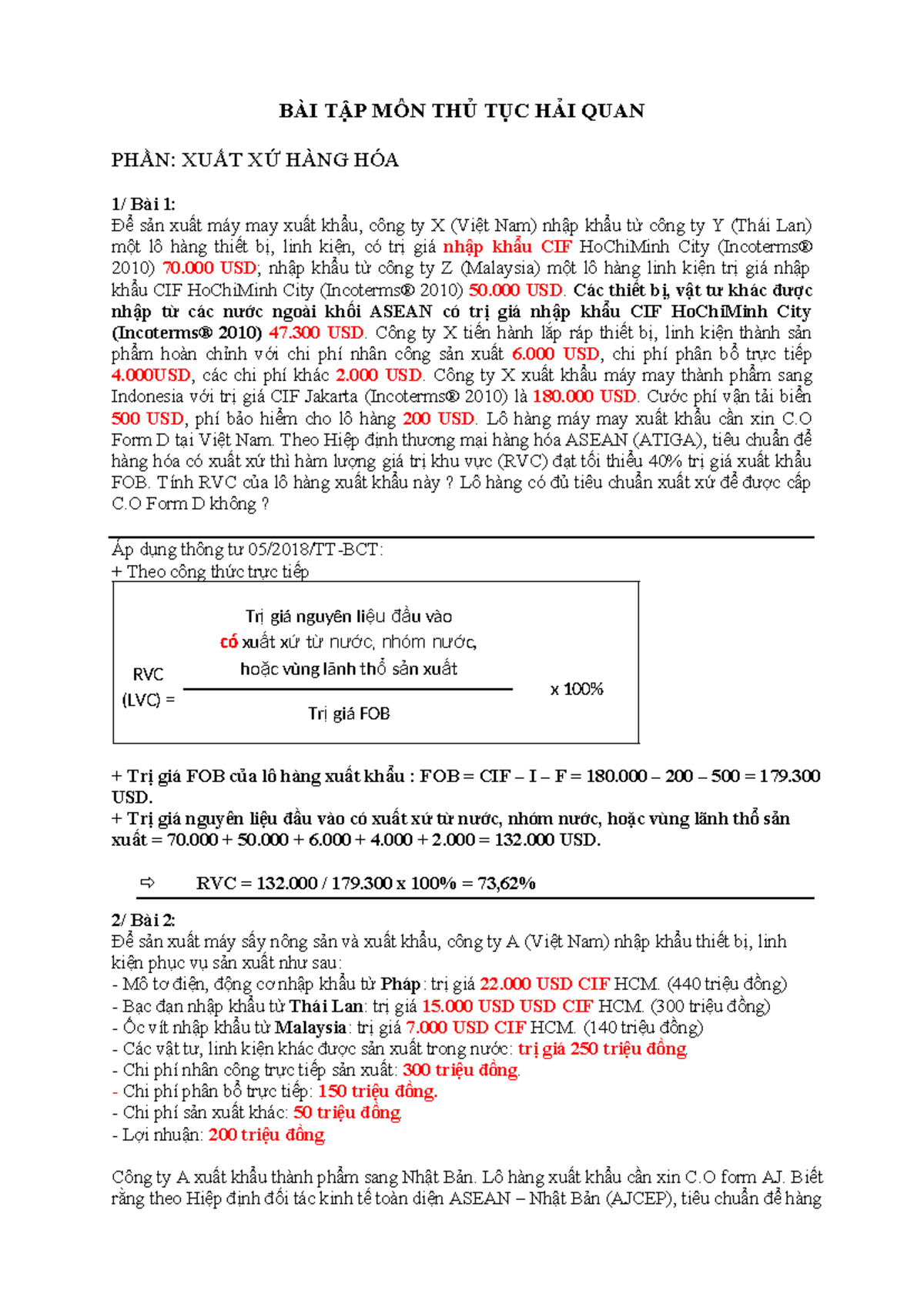 BÀI TẬP THỦ TỤC HẢI QUAN: TÍNH RVC VÀ C.O FORM - Studocu