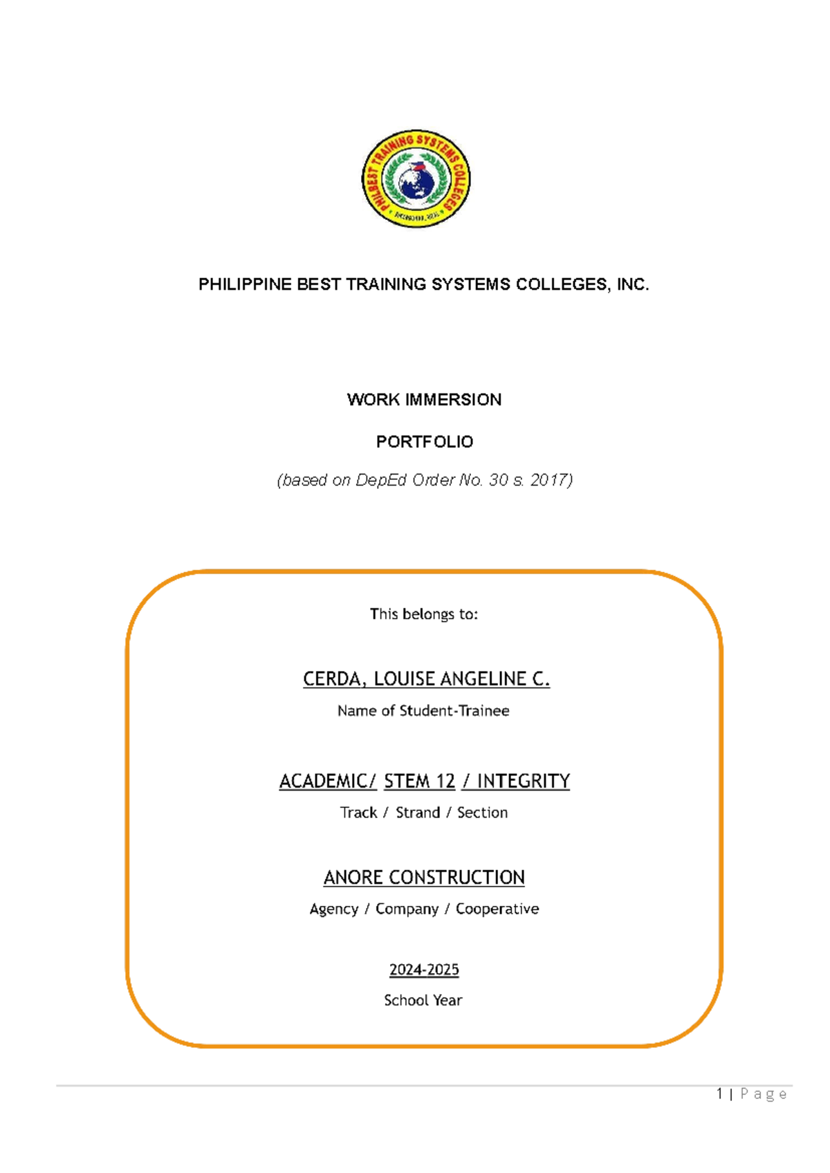 Work Immersion Portfolio for Louise Angeline C. Cerda (DepEd Order 30 ...
