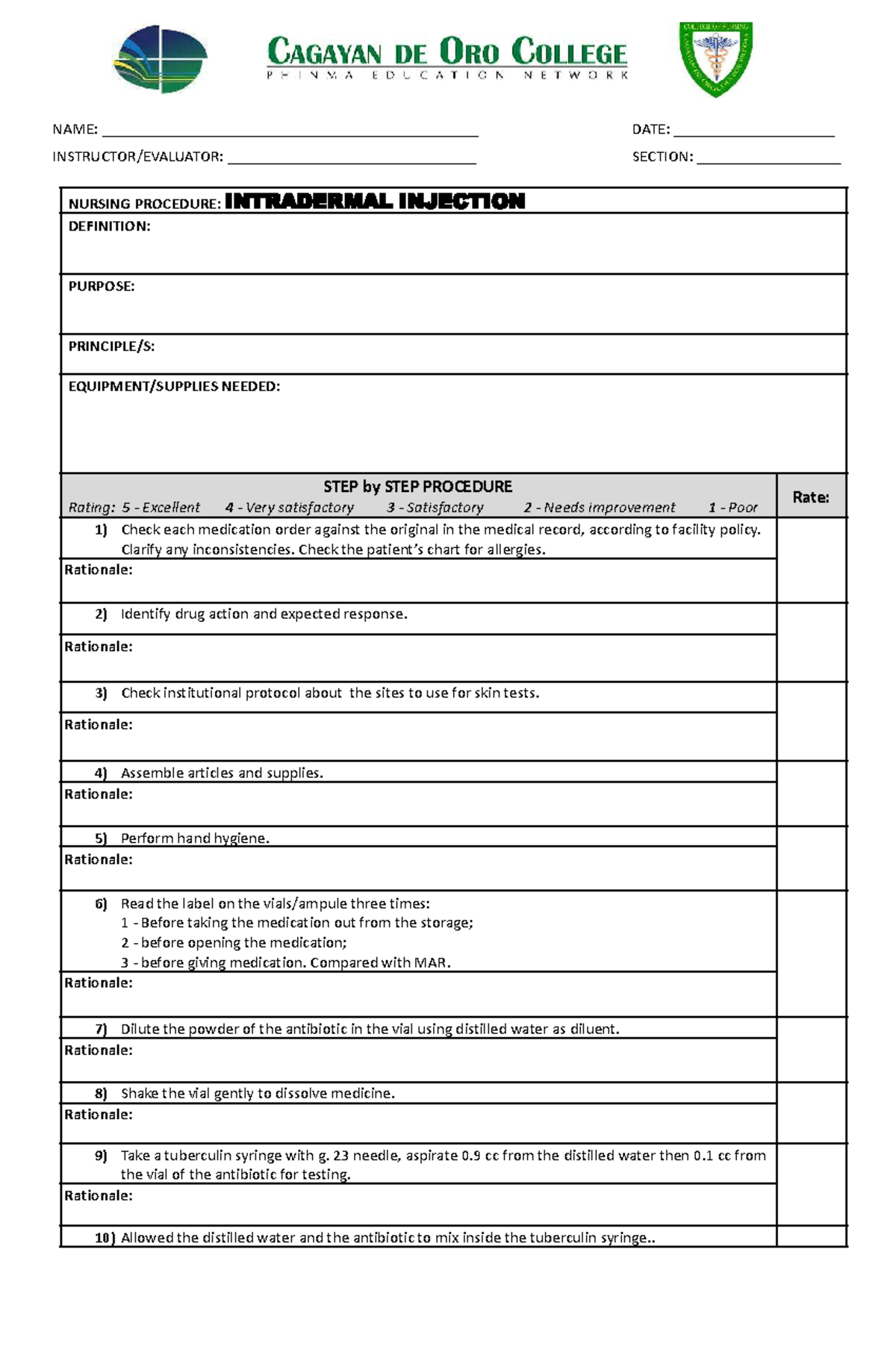 NURS 101: Intradermal Injection Procedure Checklist - Studocu