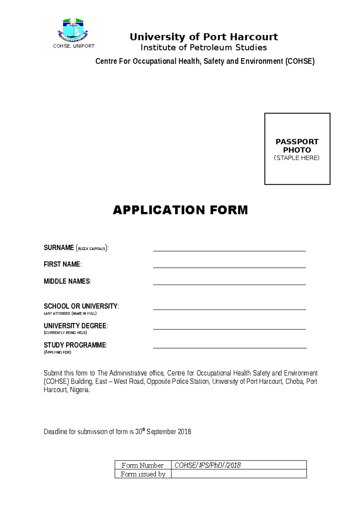 COHSE Application Form for University of Port Harcourt Students - Studocu