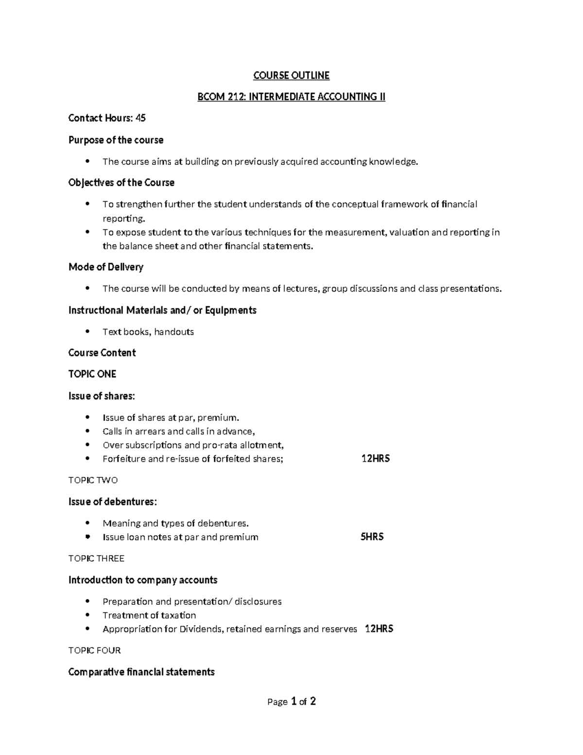 BCOM 212: Intermediate Accounting II Course Outline 2024 - Studocu
