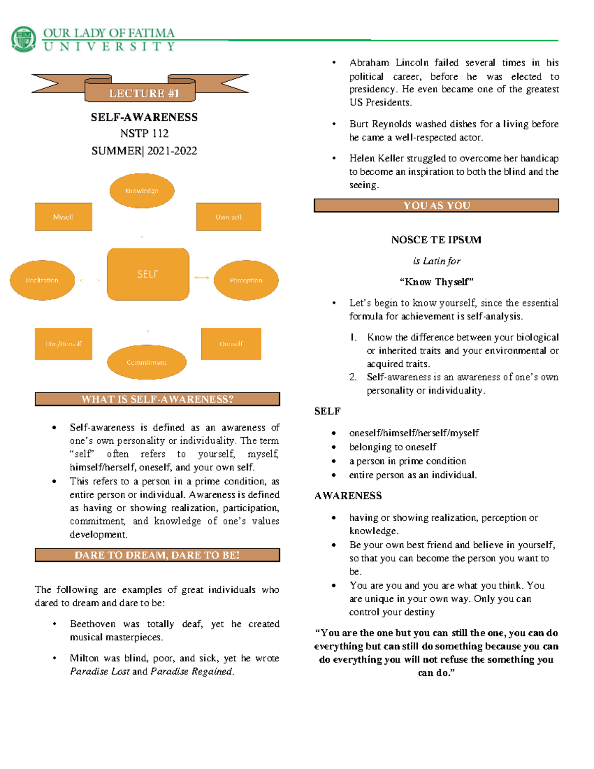 NSTP 112 Lecture Notes: Understanding Self-Awareness & Leadership - Studocu