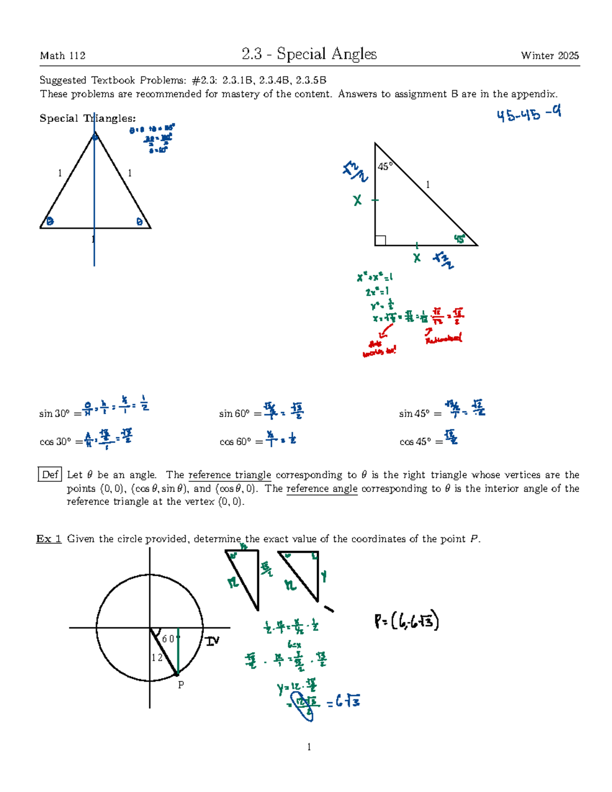 Math 112: Special Angles Review Problems for Mastery (Winter 2025 ...