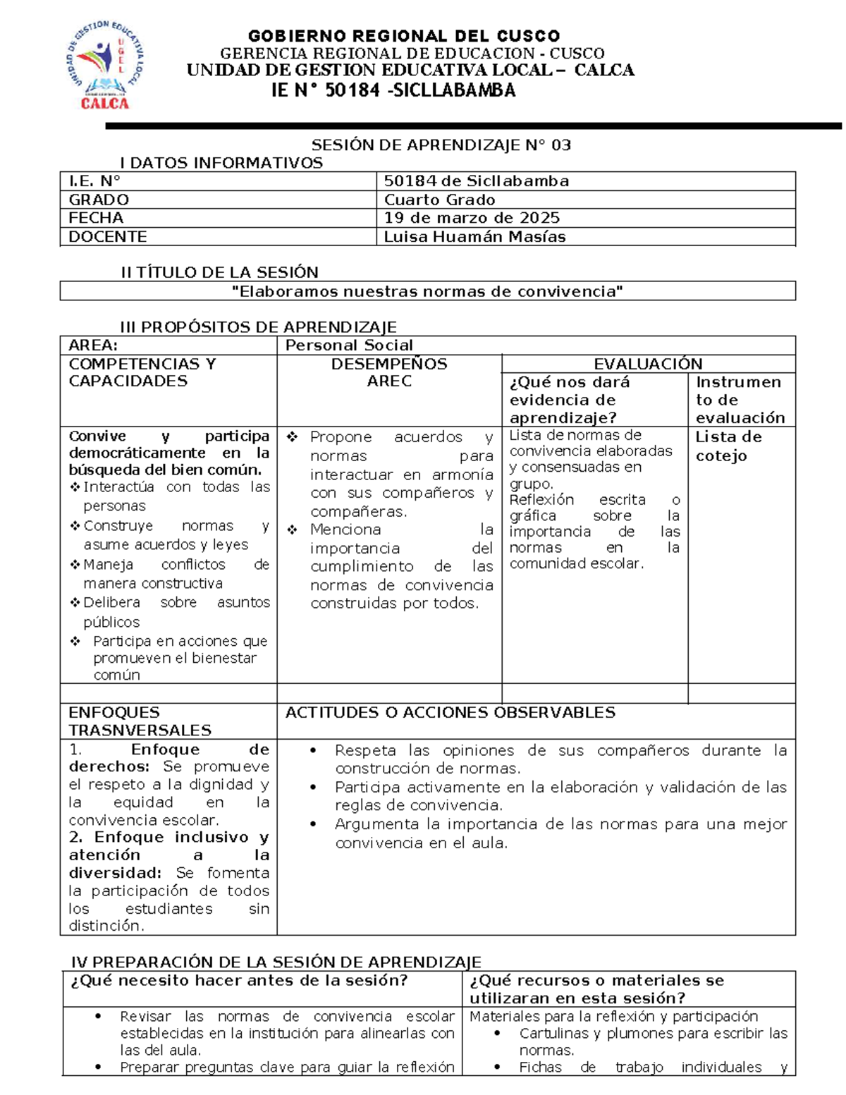 Sesión de Aprendizaje 03: Normas de Convivencia en I.E. 50184 - Studocu