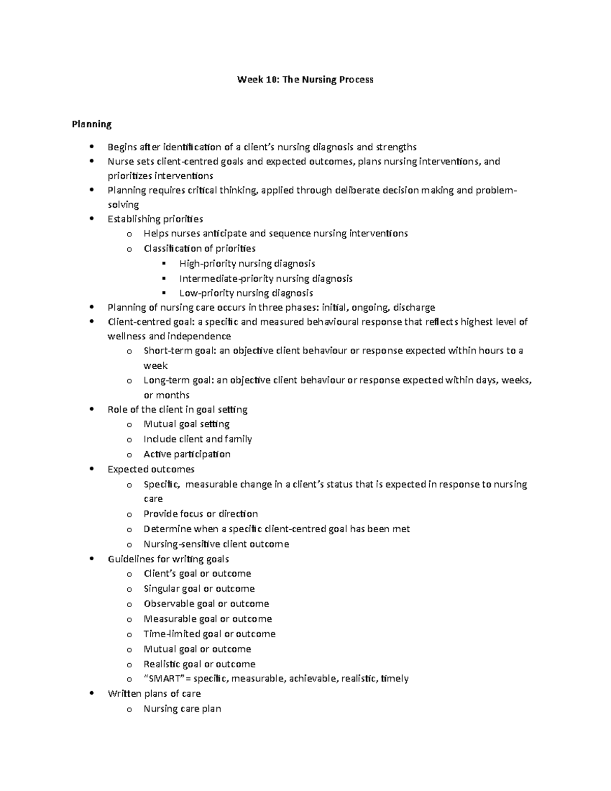 NUR 101 Week 10 Lecture Notes: Understanding the Nursing Process - Studocu