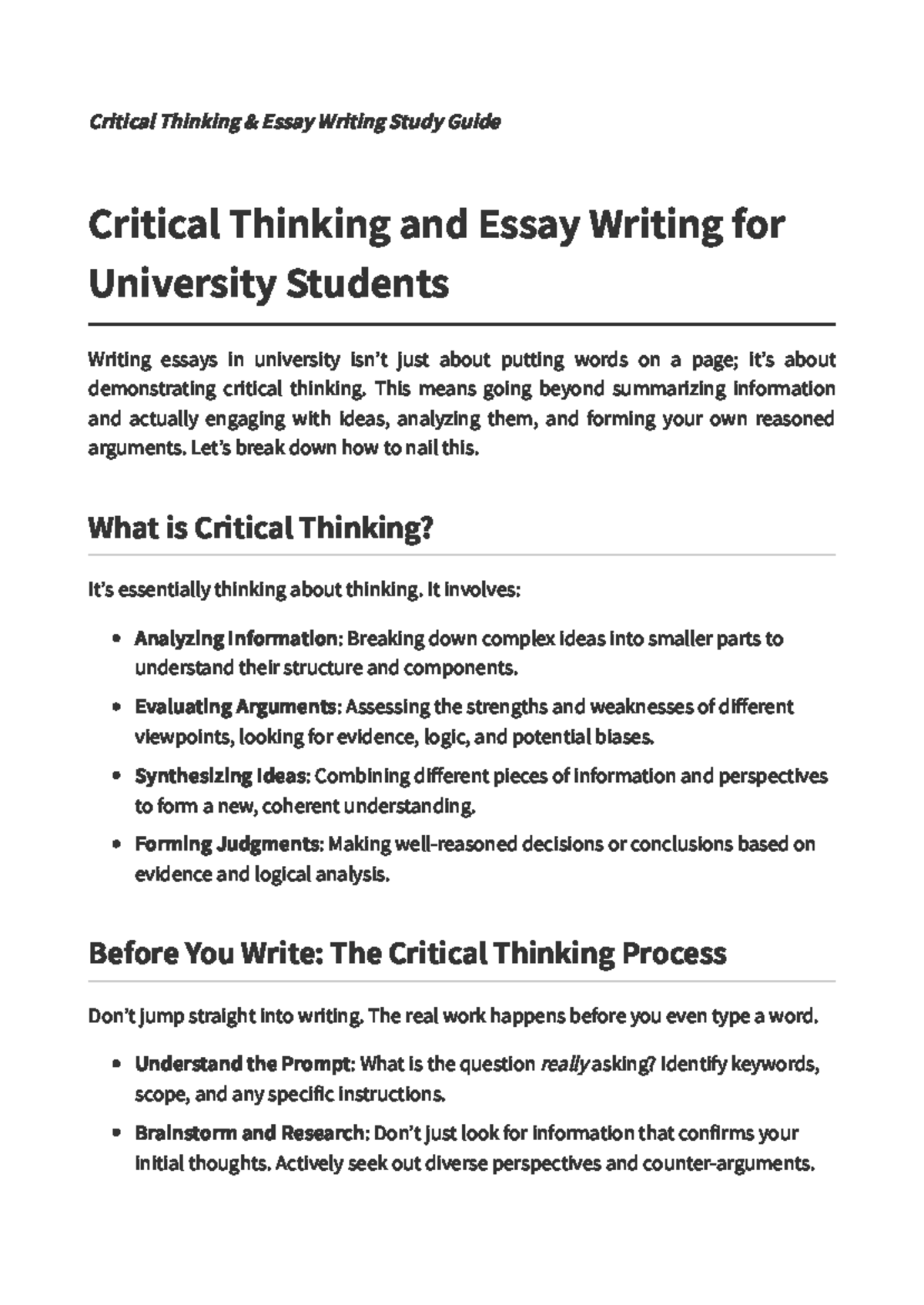 Critical Thinking Essay Writing Guide (CT101) for University Students ...