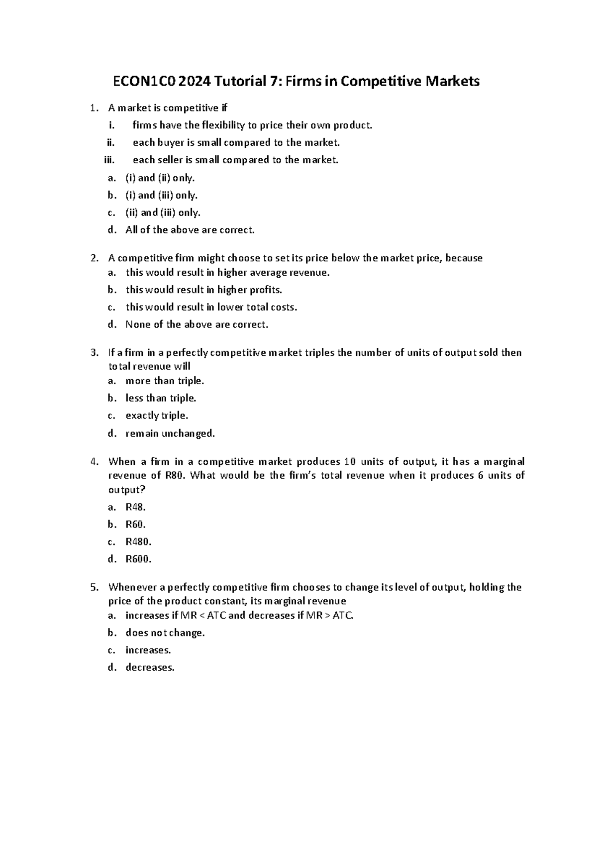 ECON1C0 2024 Tutorial 7: Competitive Market Analysis Questions - Studocu
