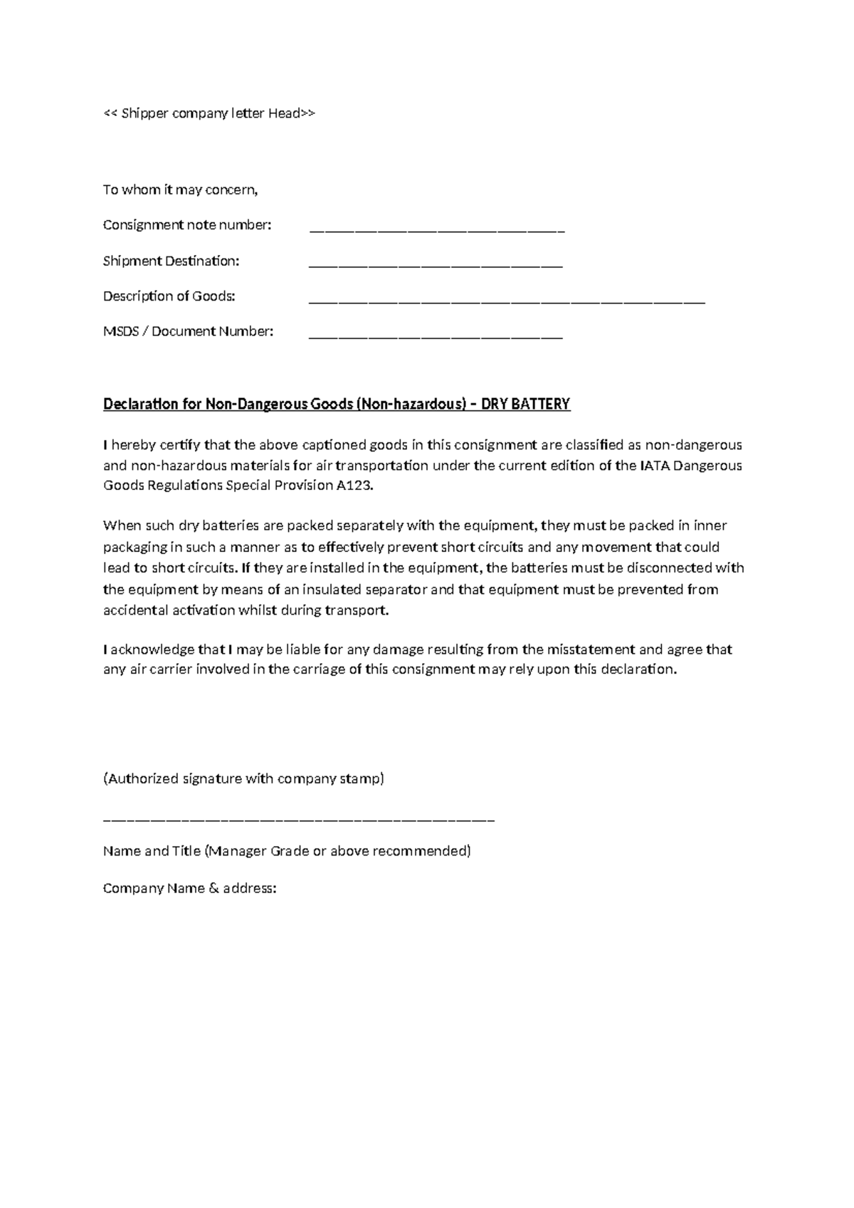 Shipper Letter: Declaration for Non-Dangerous Dry Batteries - Studocu