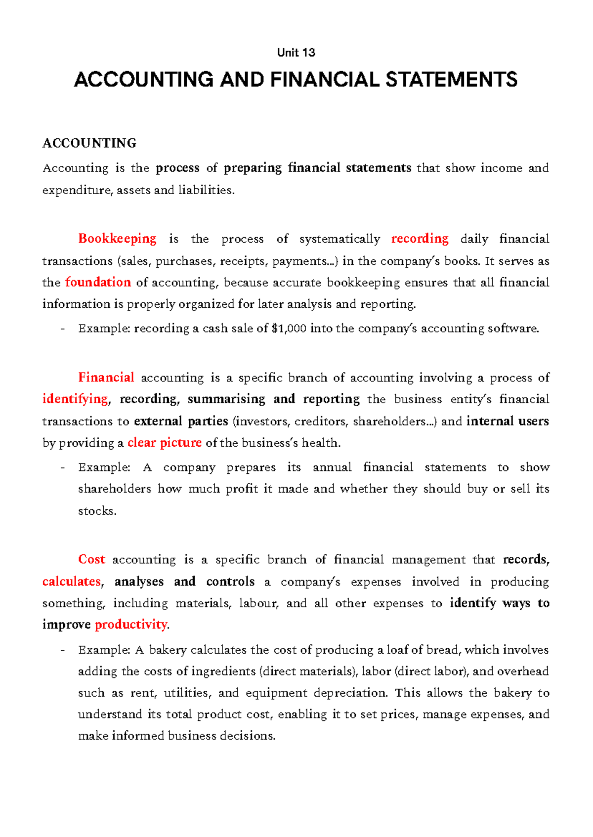 Unit 13 Accounting & Financial Statements: Key Concepts and Examples ...