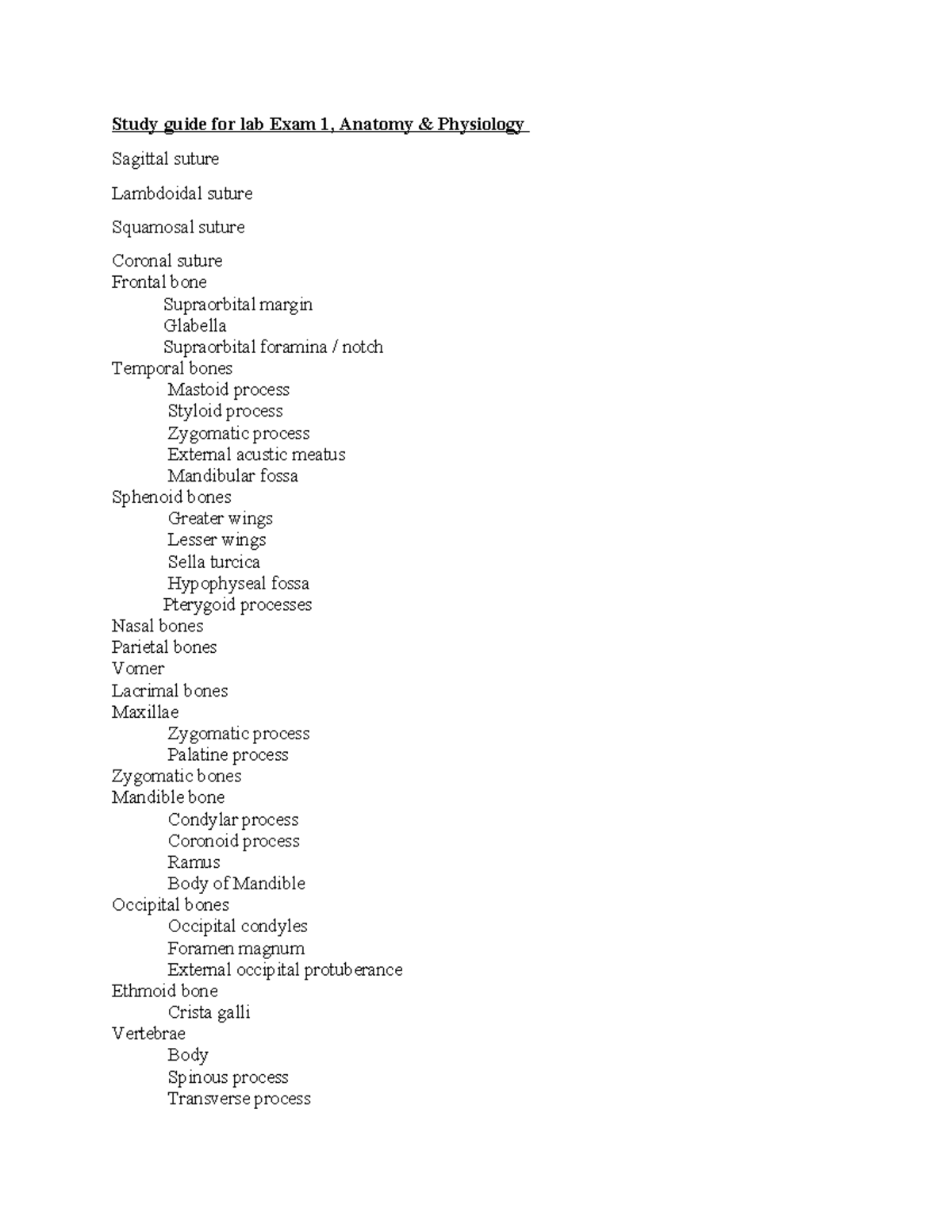 Study Guide for Anatomy & Physiology Lab Exam 1: Key Structures - Studocu