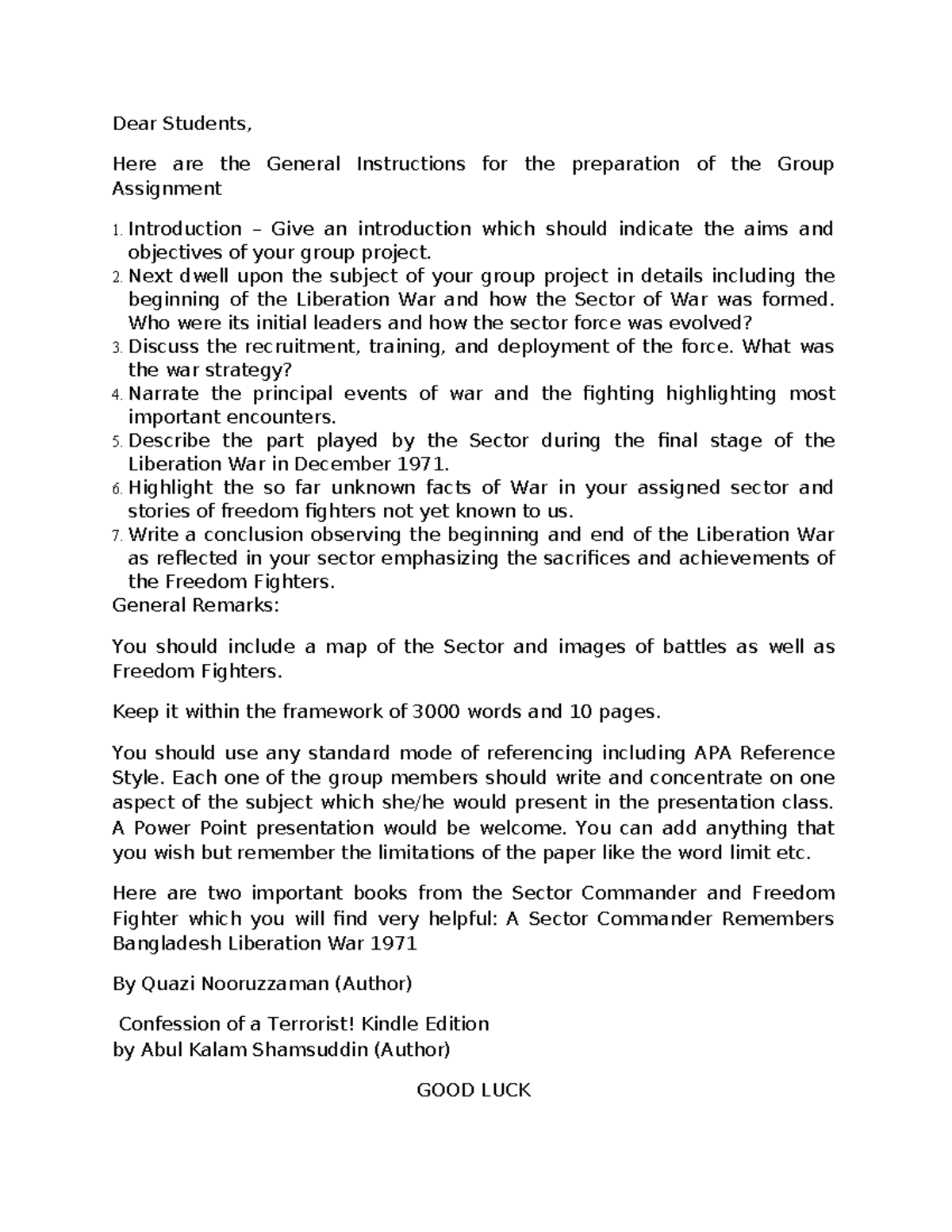 H103 Group Assignment 1: Guidelines for Liberation War Project - Studocu