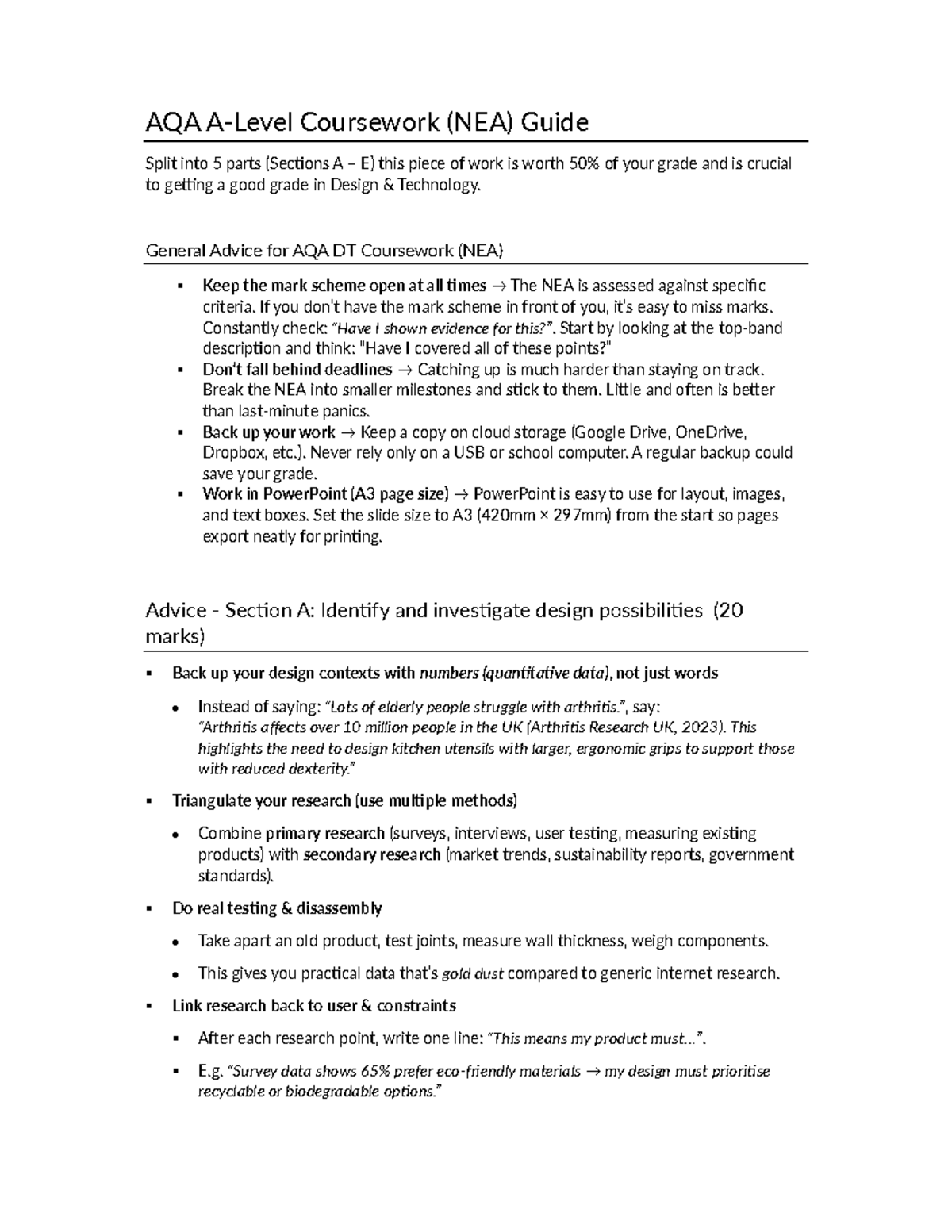 AQA A-Level Design Technology Coursework (NEA) Guide - Studocu