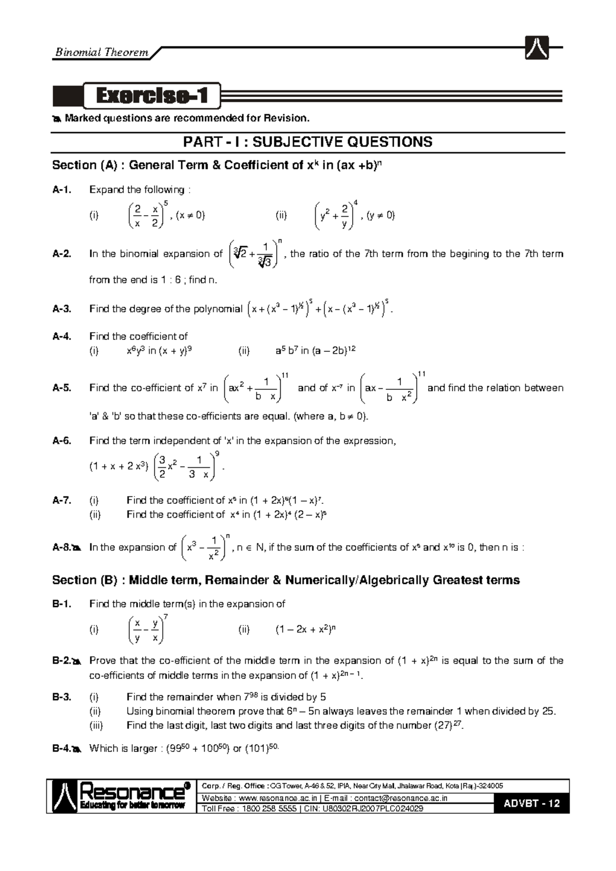 Binomial Theorem Exercise 123 HLP - Revision Questions and Solutions ...
