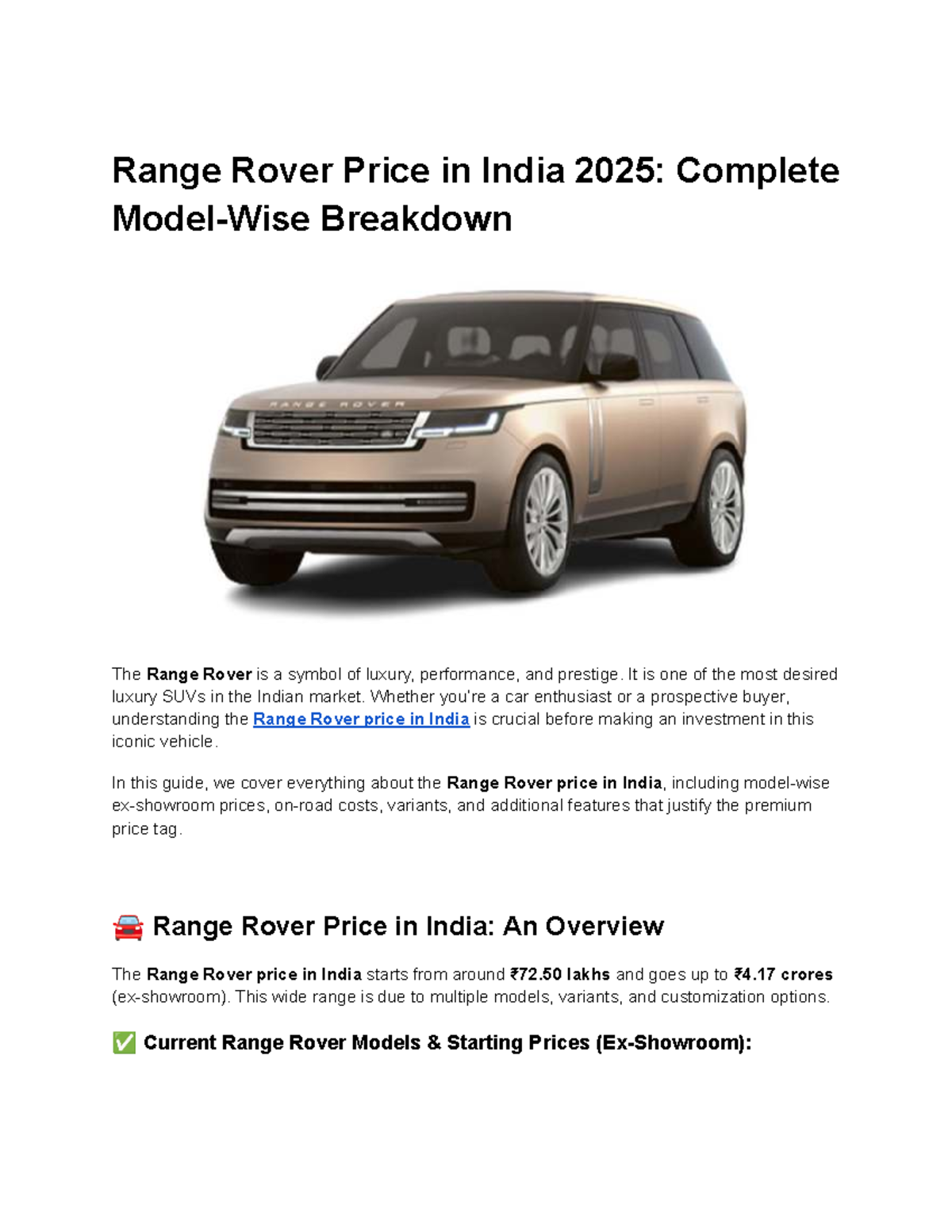 Range Rover Price in India 2025: Detailed Model-Wise Analysis - Studocu