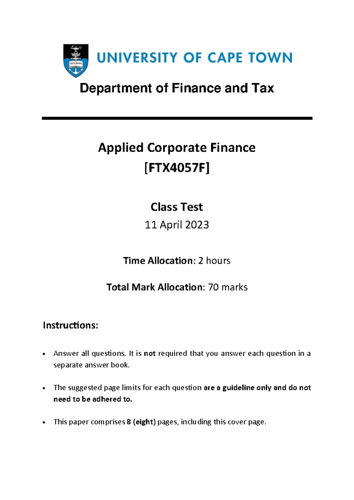 FTX4057F Applied Corporate Finance Course Outline for 2024 - Studocu