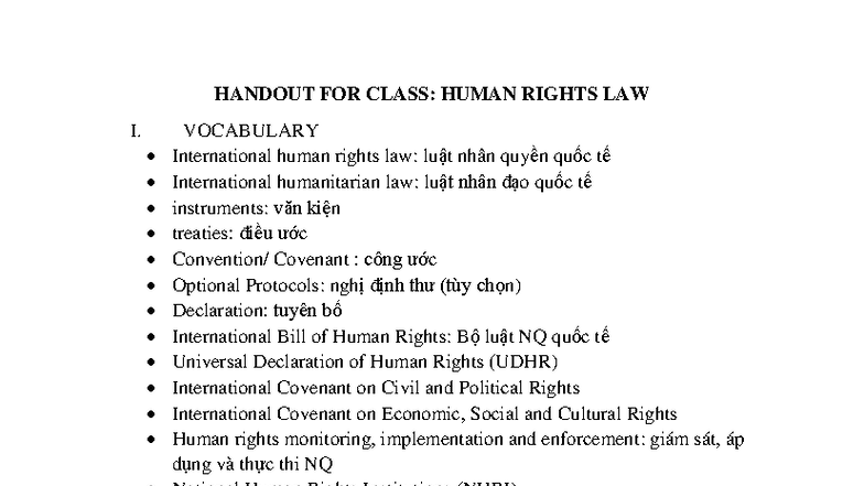 HUMAN RIGHTS LAW I: VOCABULARY HANDOUT & KEY CONCEPTS - Studocu