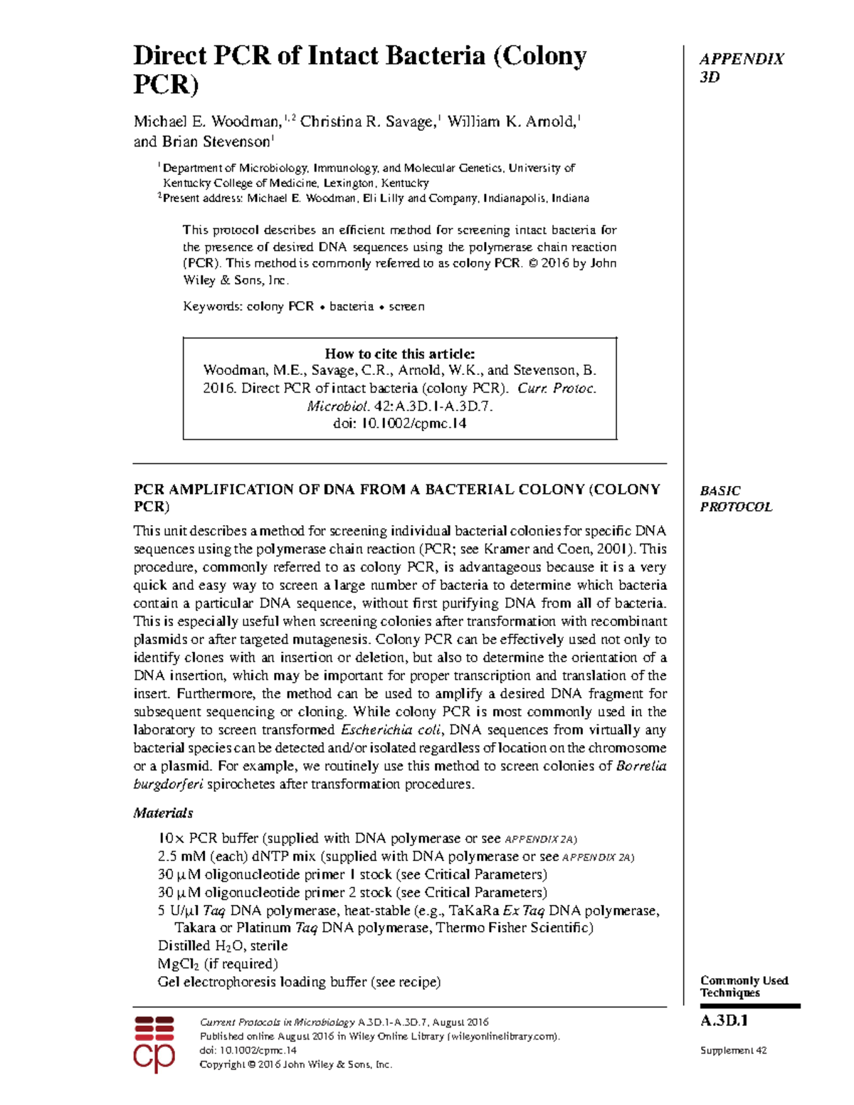 Direct PCR Methodology for Intact Bacteria (Colony PCR) - Woodman 2016 ...