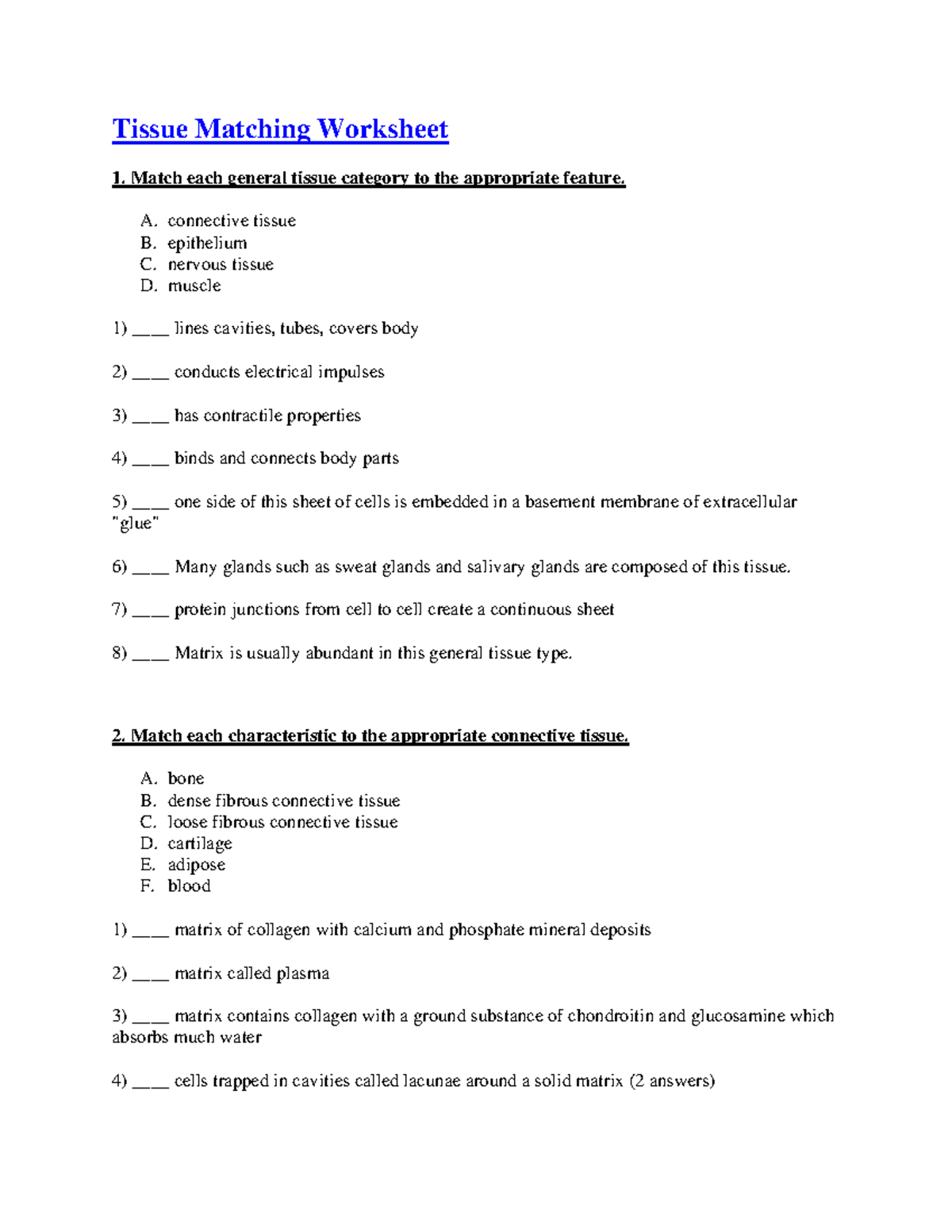 Tissue Matching Worksheet: Understanding the Four Tissue Types - Studocu