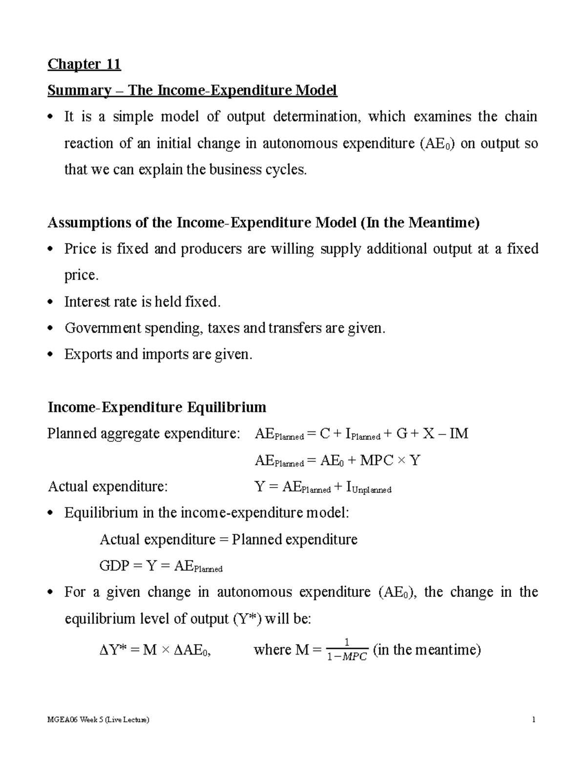 Problem Set #5 for - Chapter 11 Summary – The Income-Expenditure Model ...
