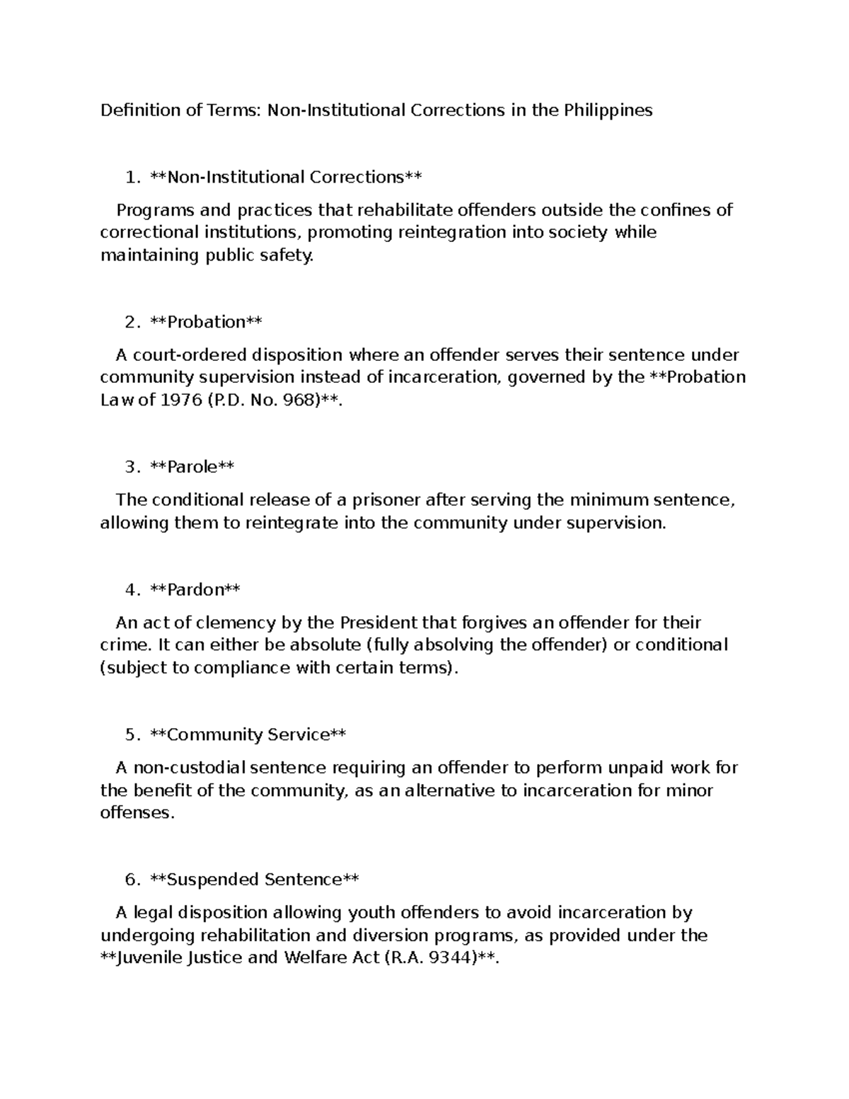 Definition of Terms: Non-Institutional Corrections PH - Studocu