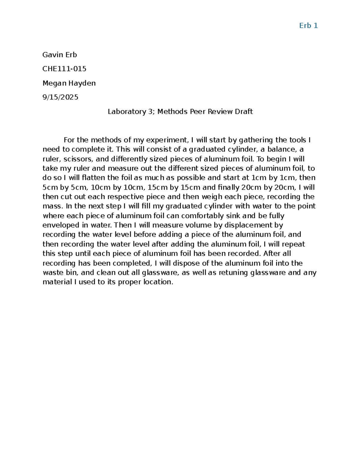 3 Erb Gavin - Just lab report for experiment 3 - Erb 1 Gavin Erb CHE111 ...