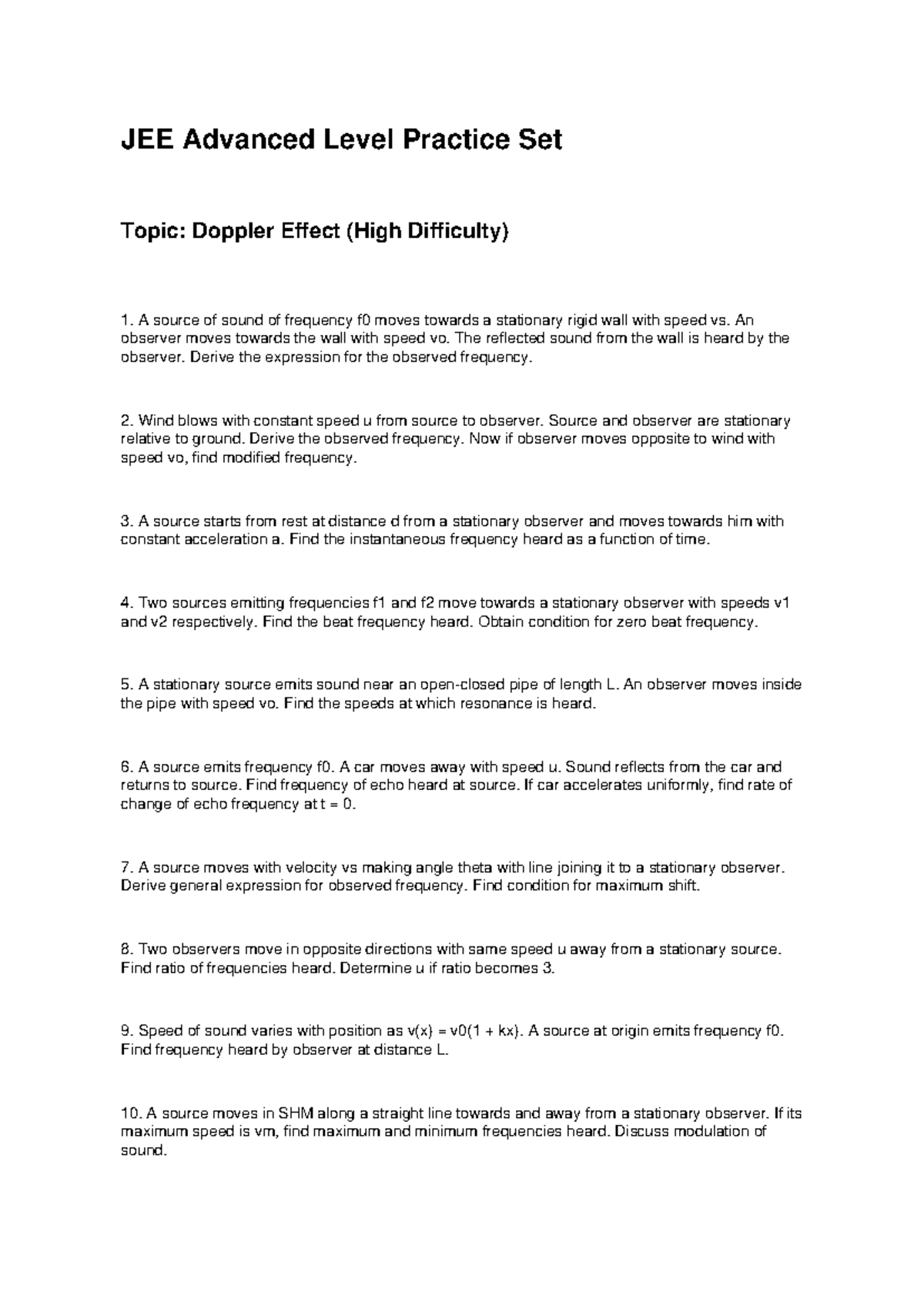 JEE Advanced Doppler Effect Practice Set: High Difficulty Problems ...