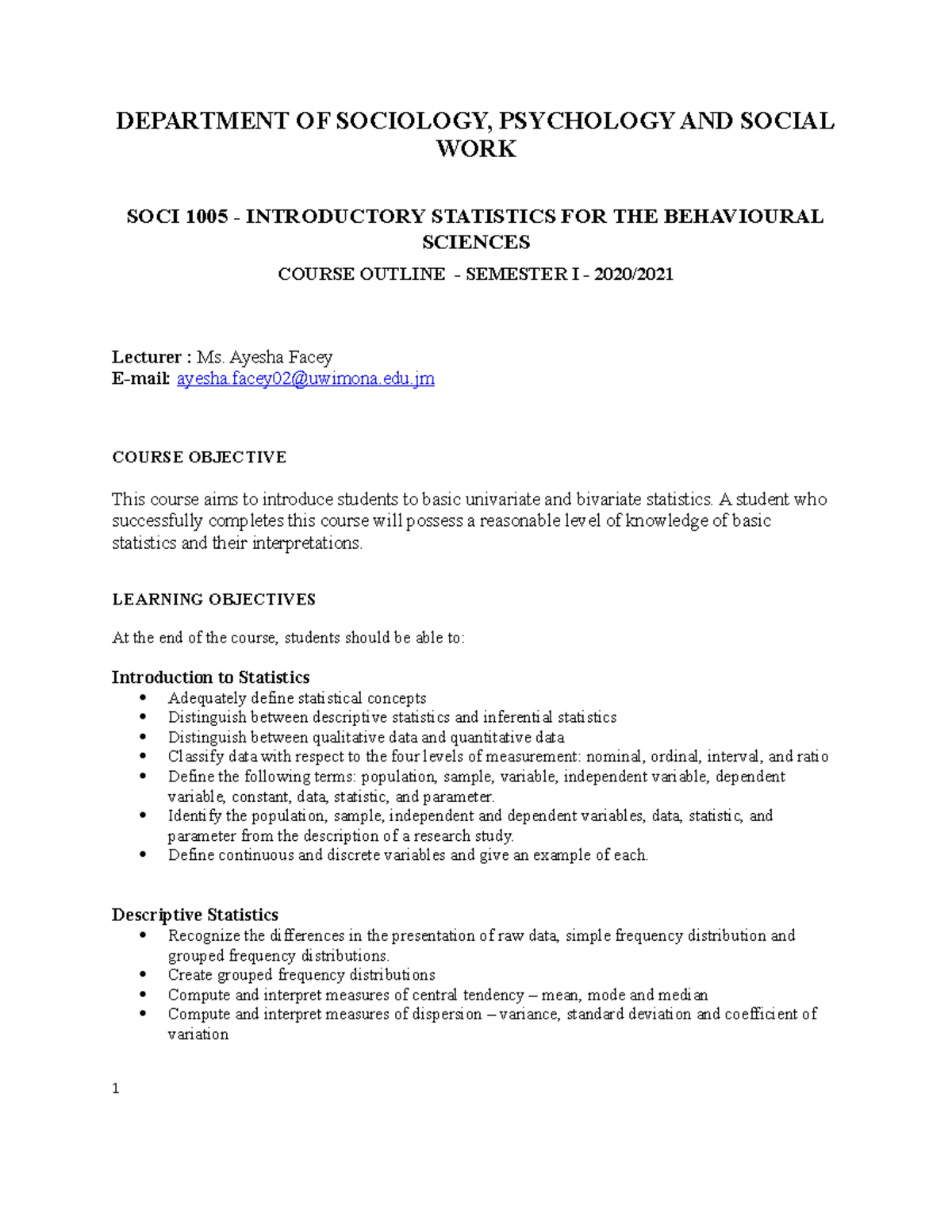 SOCI 1005 Course Outline - Introductory Stats for Behavioral Sciences ...
