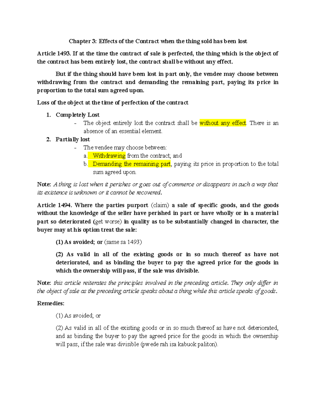 Chapter 3: Effects of Contract When the Thing Sold is Lost - Studocu