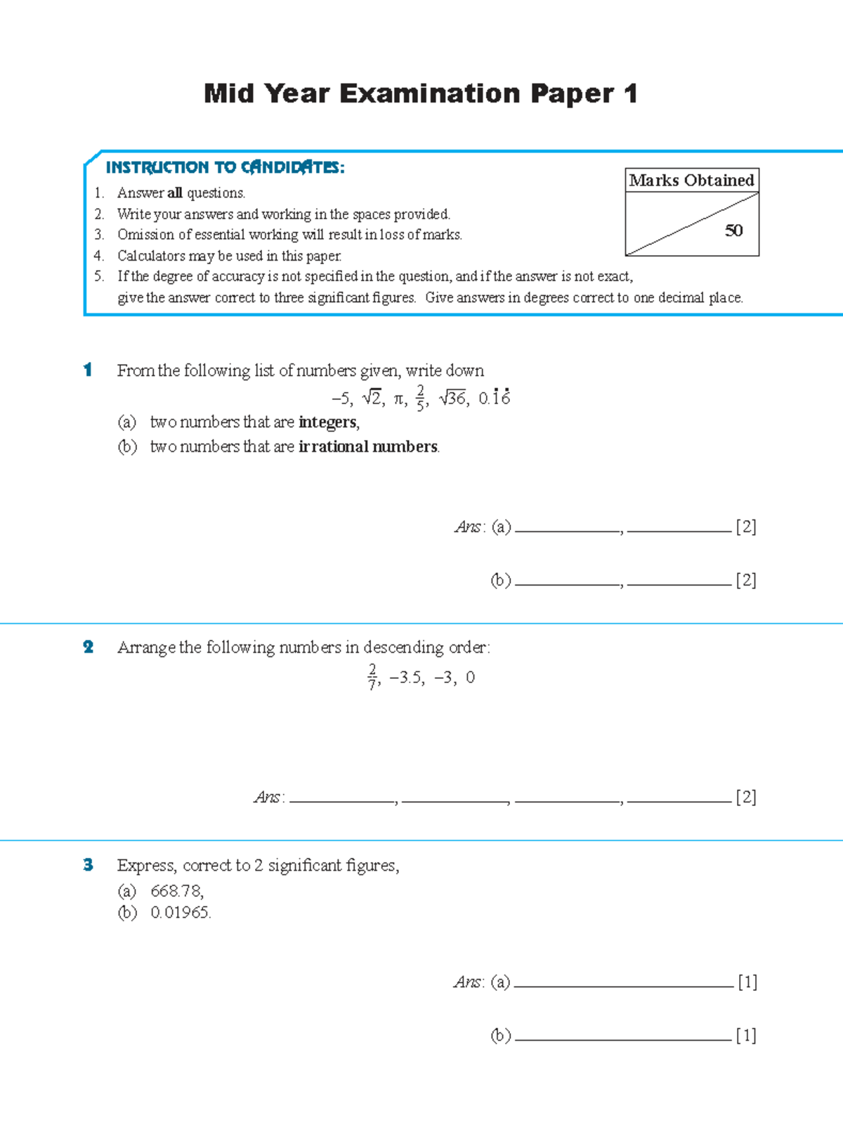 S1(N) Mid-Year Exam Paper 1: Mathematics Instructions & Solutions - Studocu