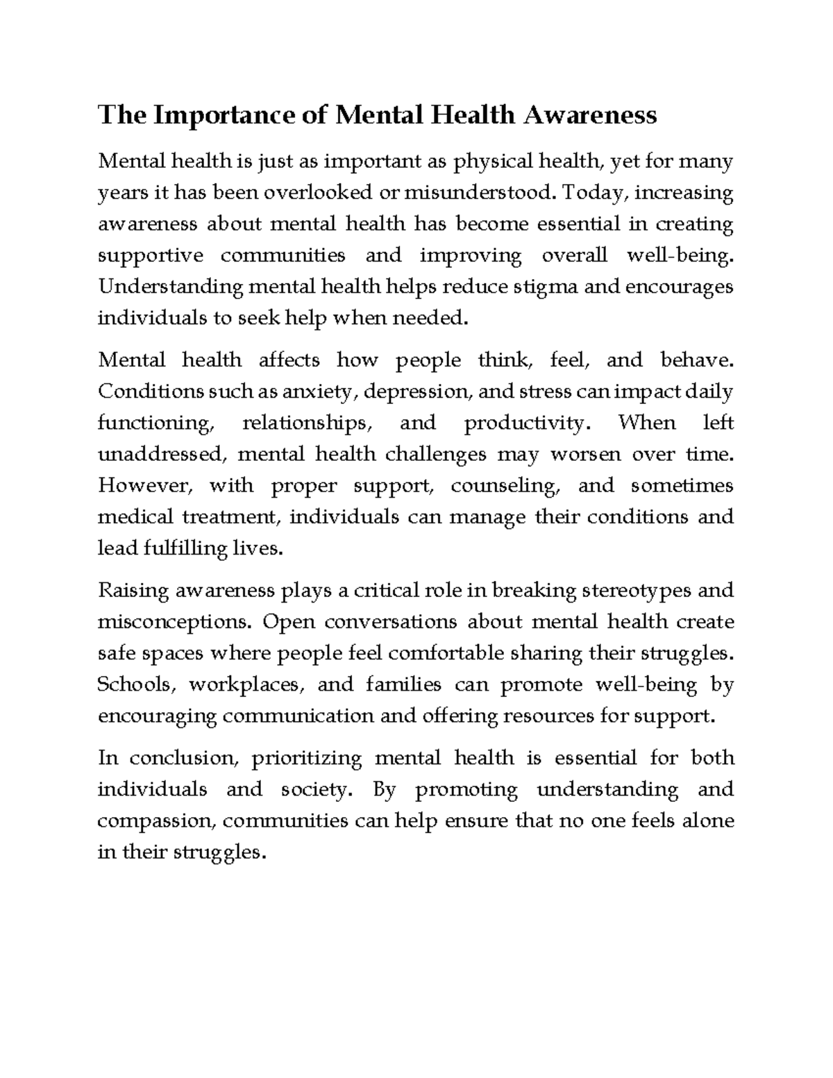 Timha - The Importance of Mental Health Awareness - Studocu