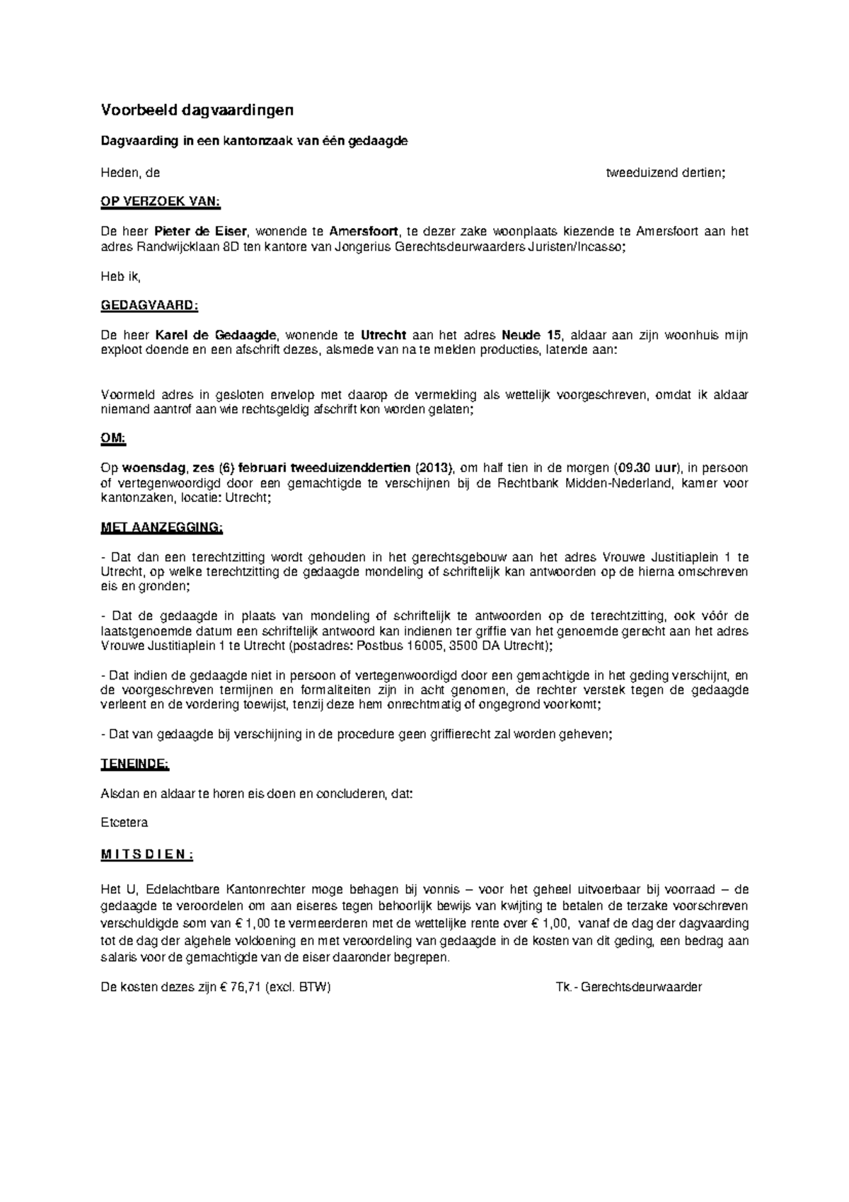 Voorbeeld Dagvaardingen in Kanton- en Rechtbankzaken (2013) - Studeersnel