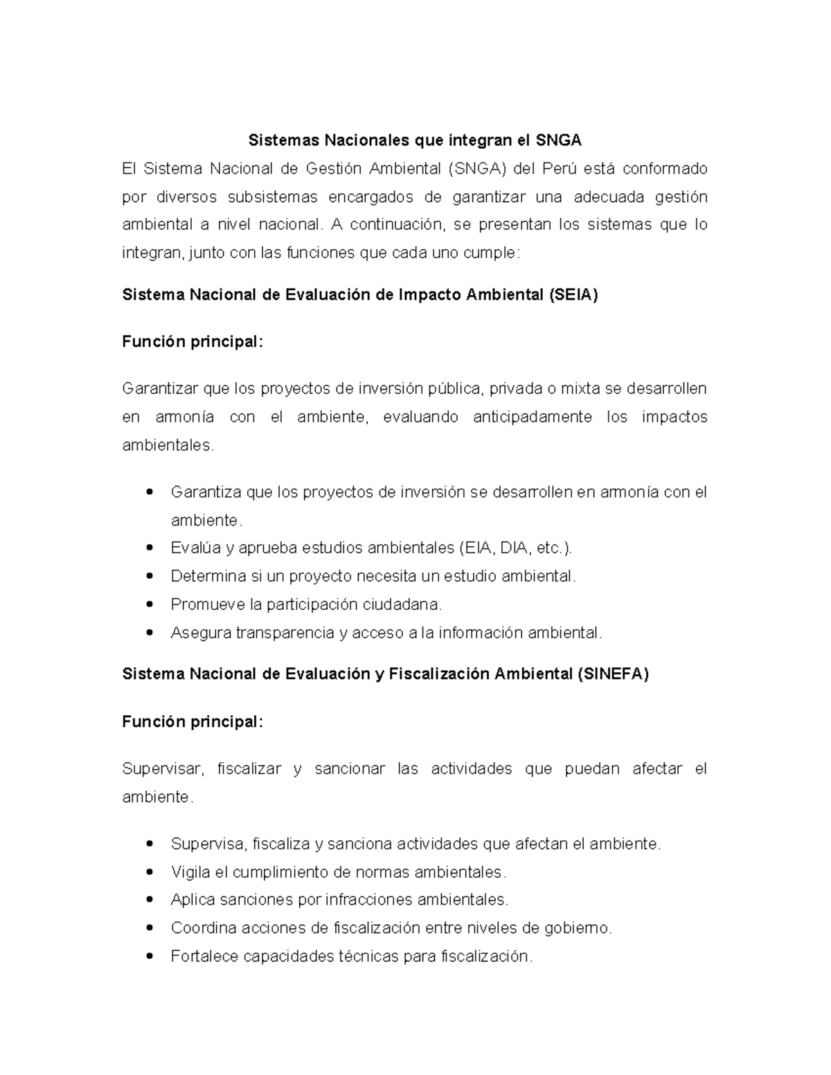 Sistemas Nacionales del SNGA en Perú: Funciones y Estructura - Studocu