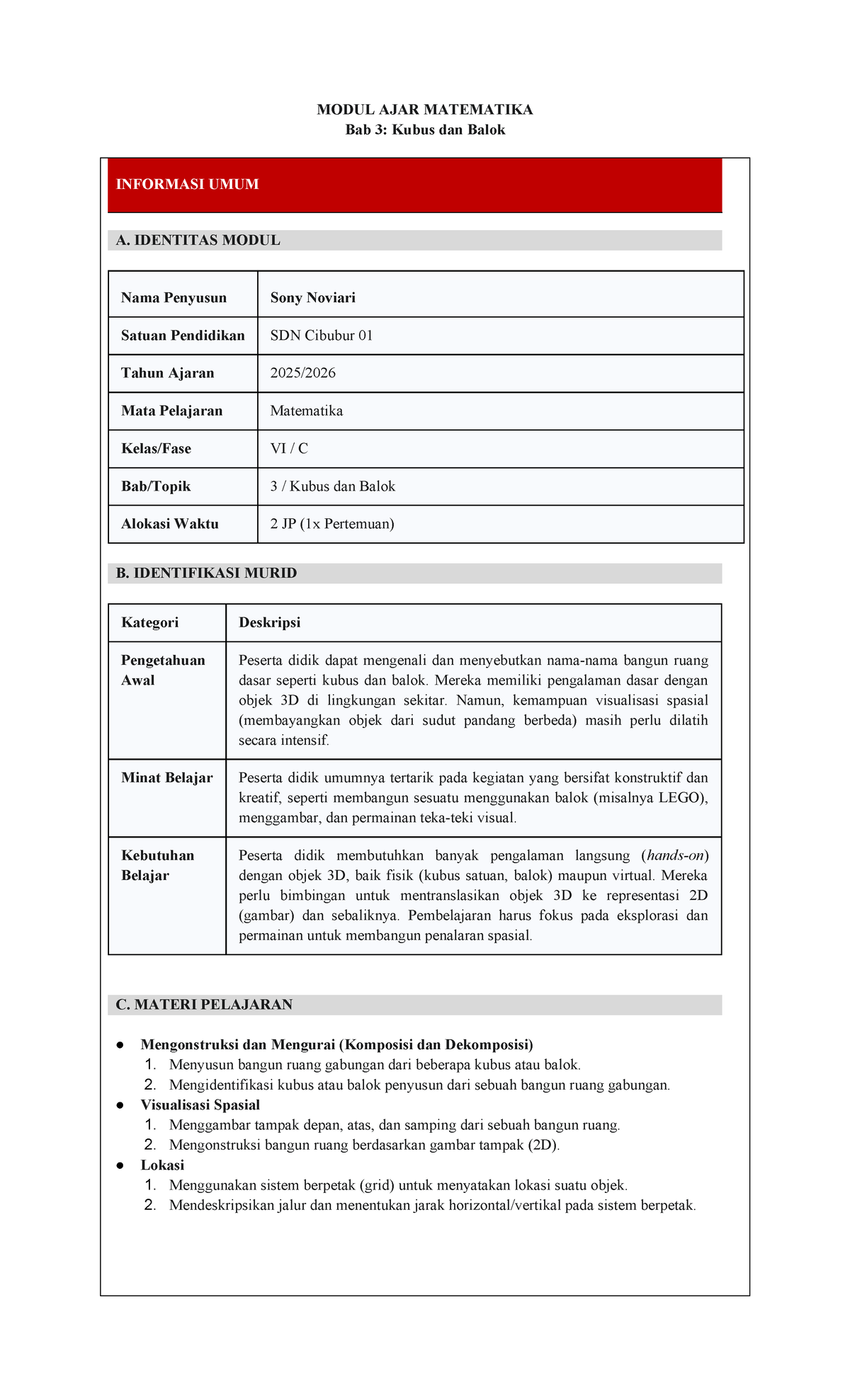 KLS 6 MATK BAB 3: Kubus dan Balok - Modul Ajar Matematika - Document Preview