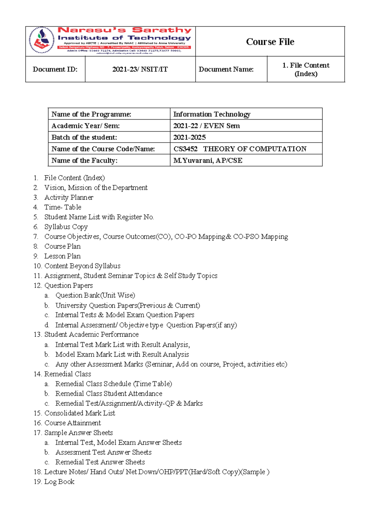 CS3452 Theory of Computation - Comprehensive Course File (2021-22 ...