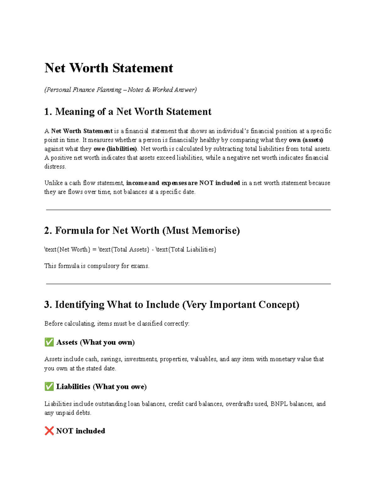 Net Worth Statement (PF Planning Notes & Worked Answers) - Studocu