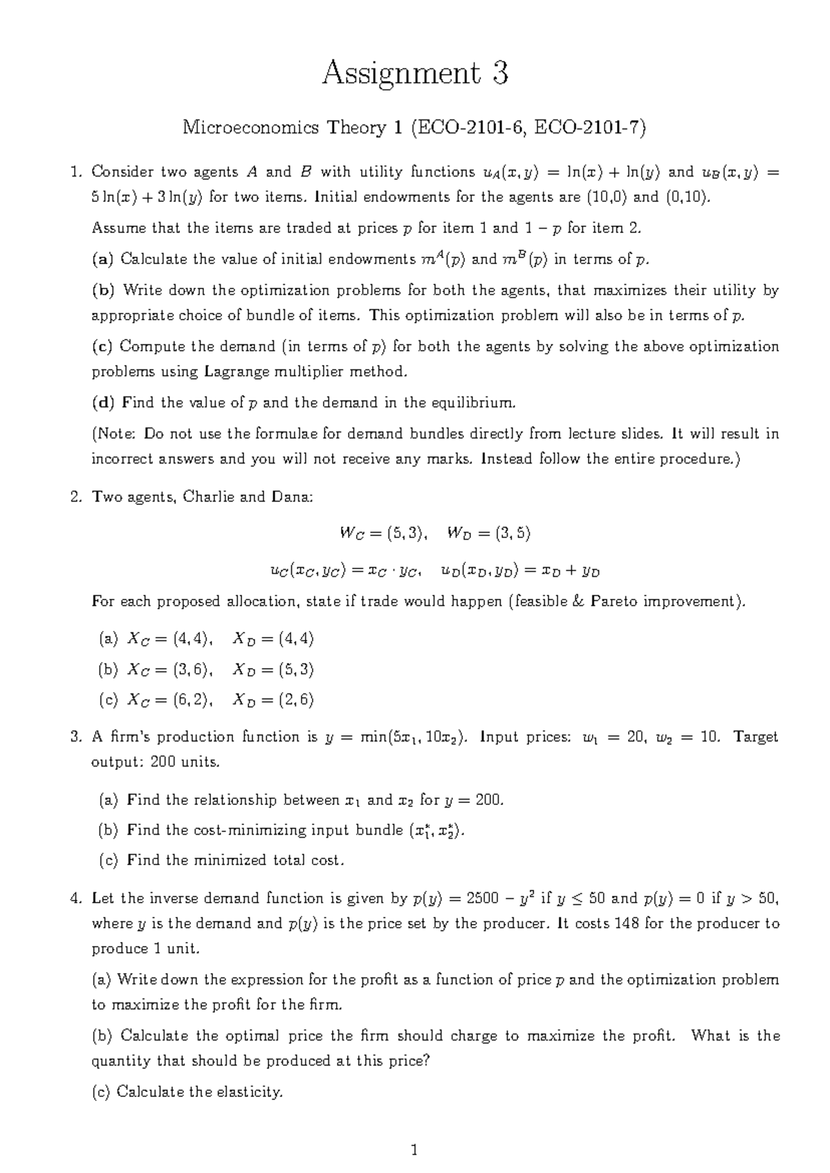 Assignment 3: Microeconomics Theory - Utility & Demand Analysis - Studocu